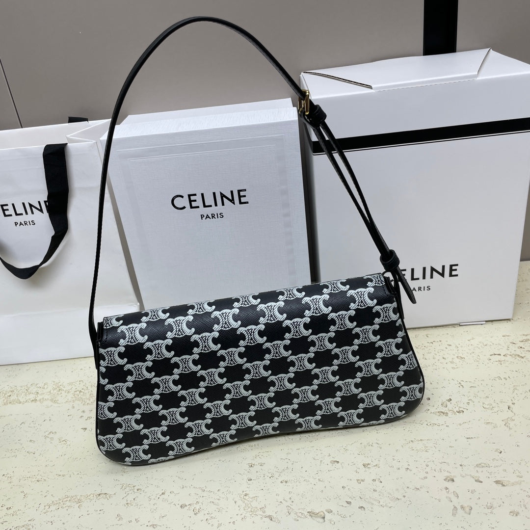 CELINE LOLA BAGUETTE BAG 28 IN BLACK MIX WHITE MONOGRAM CANVAS AND CALFSKIN