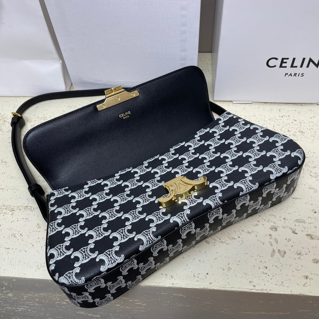 CELINE LOLA BAGUETTE BAG 28 IN BLACK MIX WHITE MONOGRAM CANVAS AND CALFSKIN