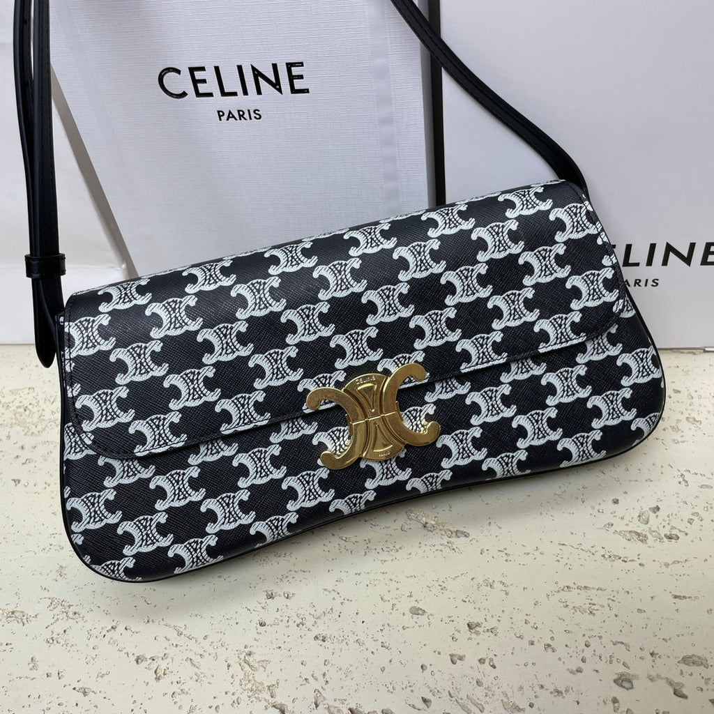 CELINE LOLA BAGUETTE BAG 28 IN BLACK MIX WHITE MONOGRAM CANVAS AND CALFSKIN