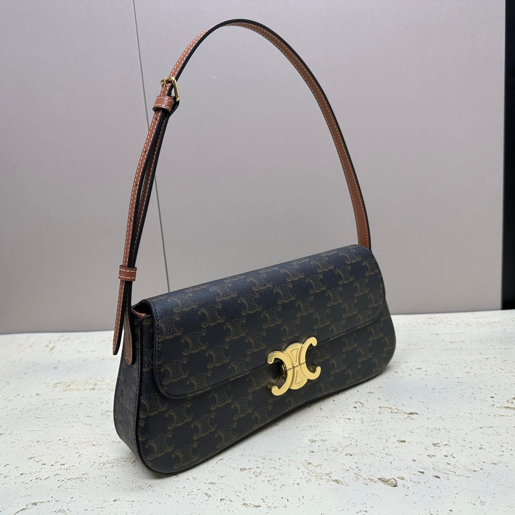 CELINE LOLA BAGUETTE BAG 28 IN DARK BROWN MONOGRAM CANVAS AND CALFSKIN