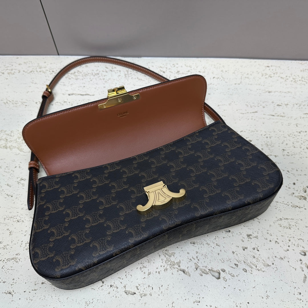 CELINE LOLA BAGUETTE BAG 28 IN DARK BROWN MONOGRAM CANVAS AND CALFSKIN