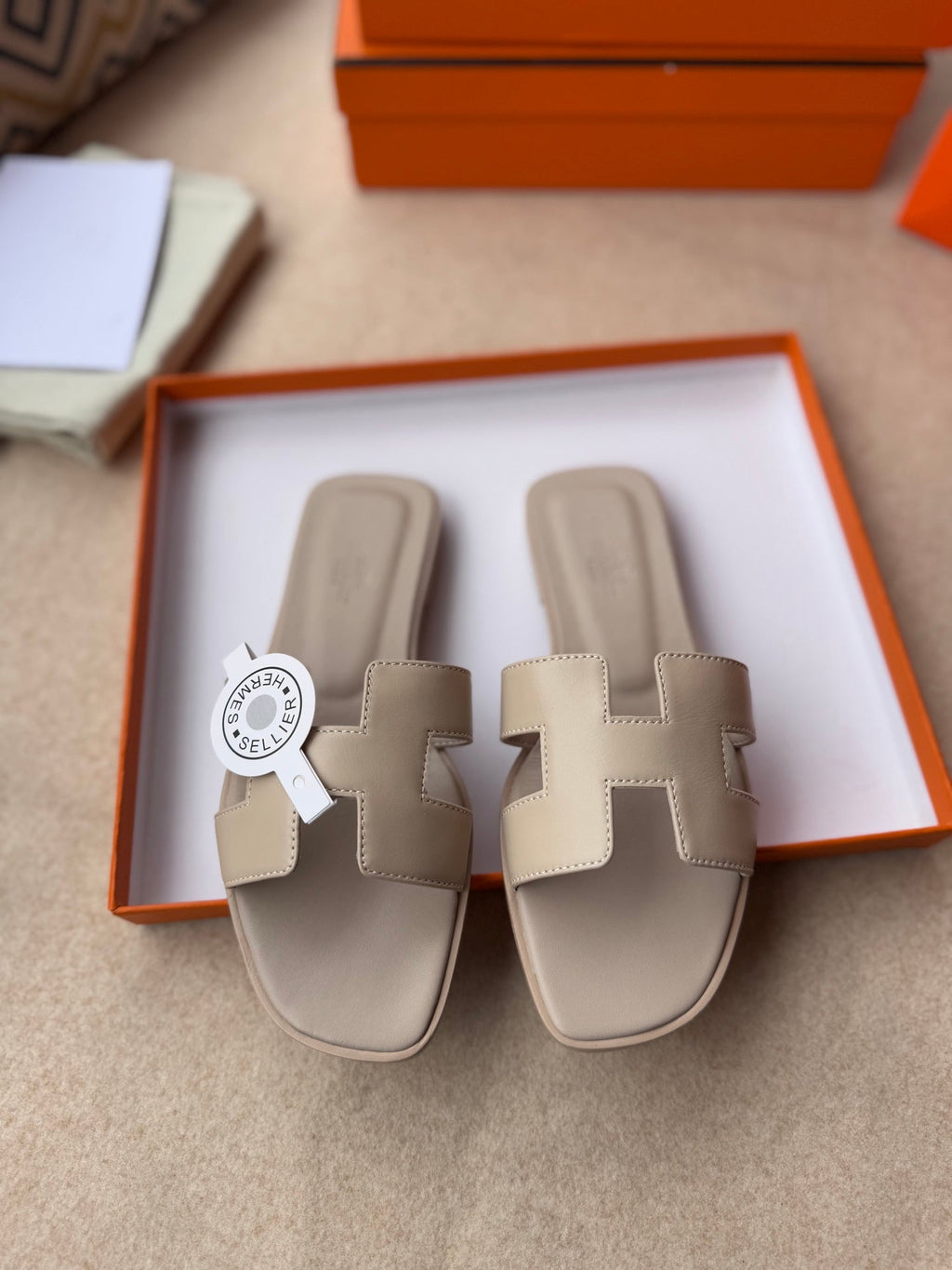 HERMES 0RAN SANDALS IN KHAKI BROWN CALFSKIN