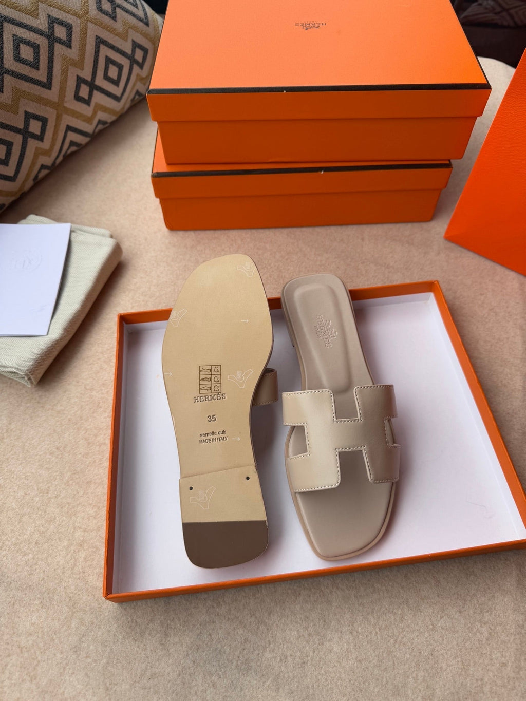 HERMES 0RAN SANDALS IN KHAKI BROWN CALFSKIN