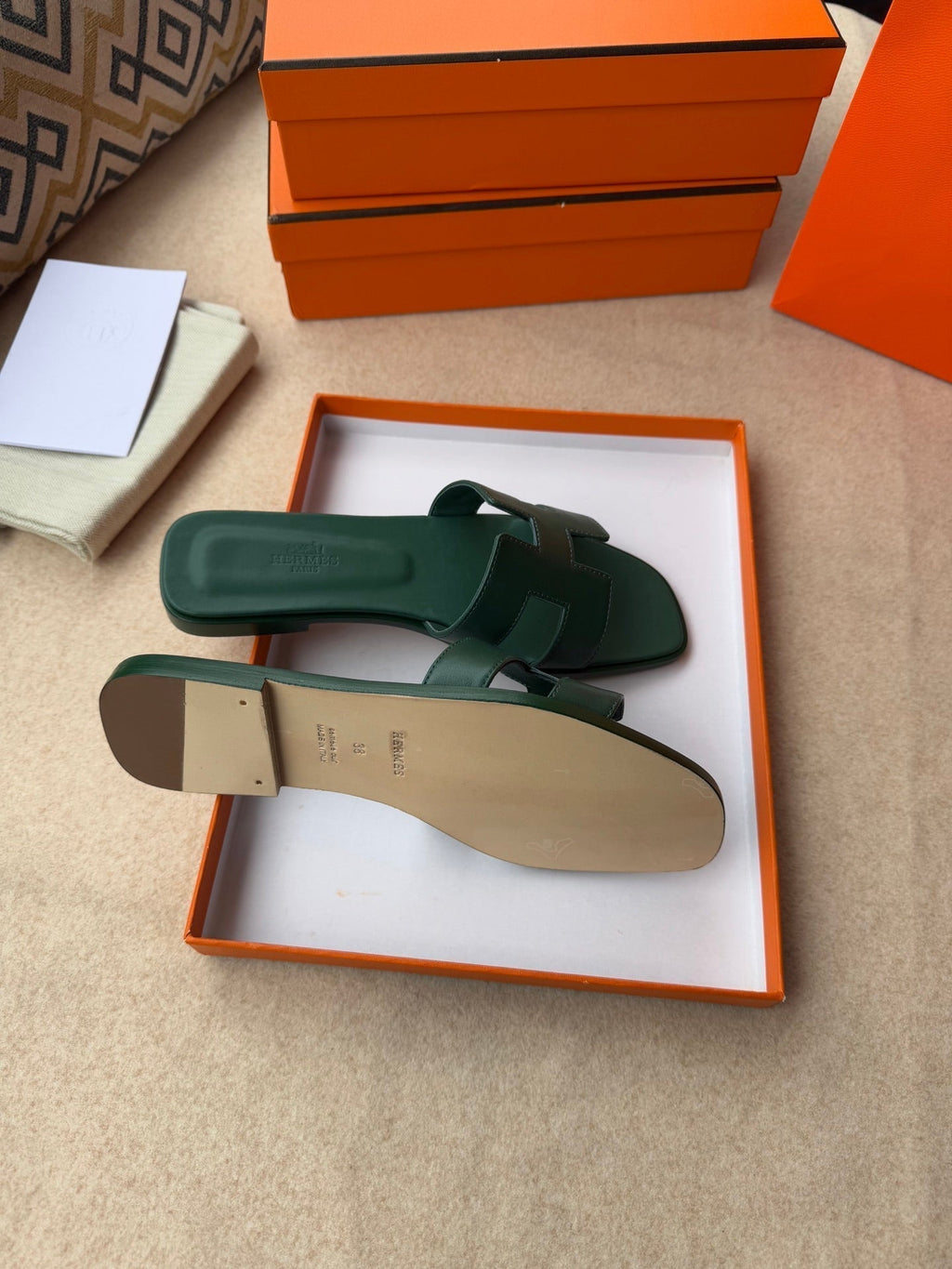 HERMES 0RAN SANDALS IN FOREST GREEN CALFSKIN