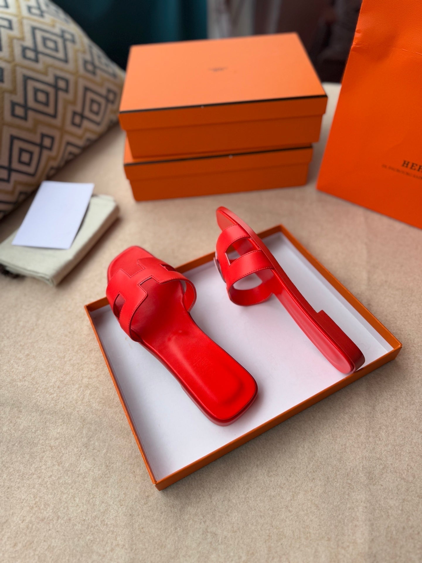 HERMES 0RAN SANDALS IN CHERRY RED CALFSKIN