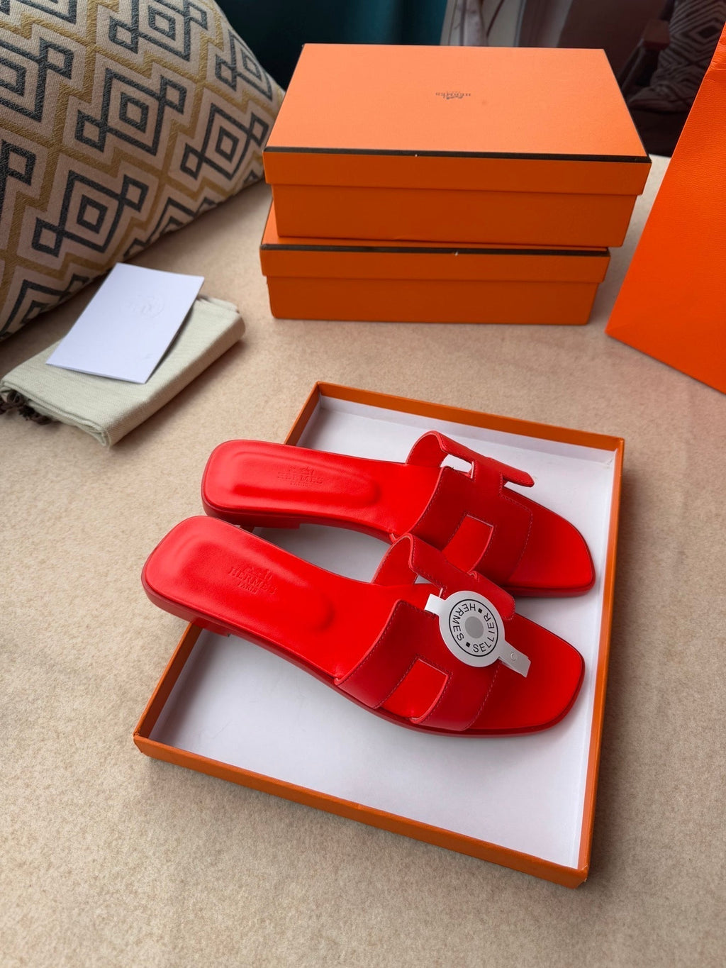 HERMES 0RAN SANDALS IN CHERRY RED CALFSKIN