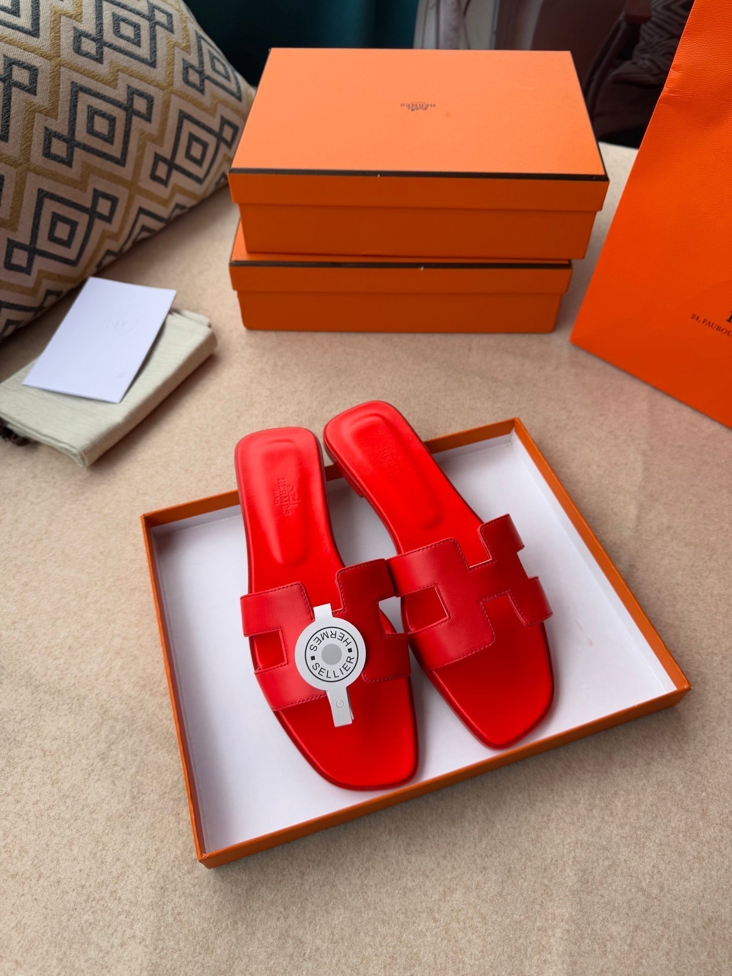 HERMES 0RAN SANDALS IN CHERRY RED CALFSKIN