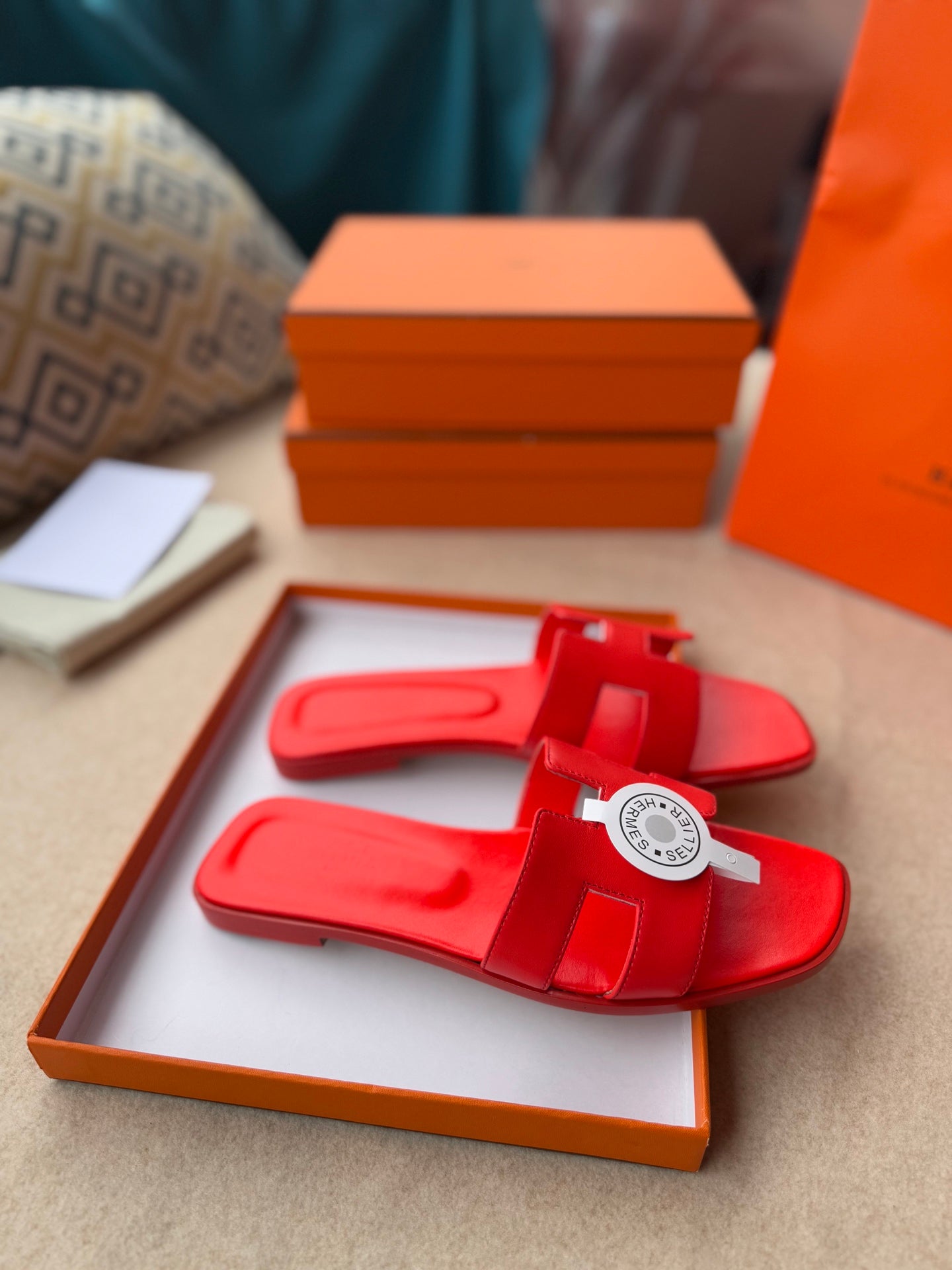 HERMES 0RAN SANDALS IN CHERRY RED CALFSKIN