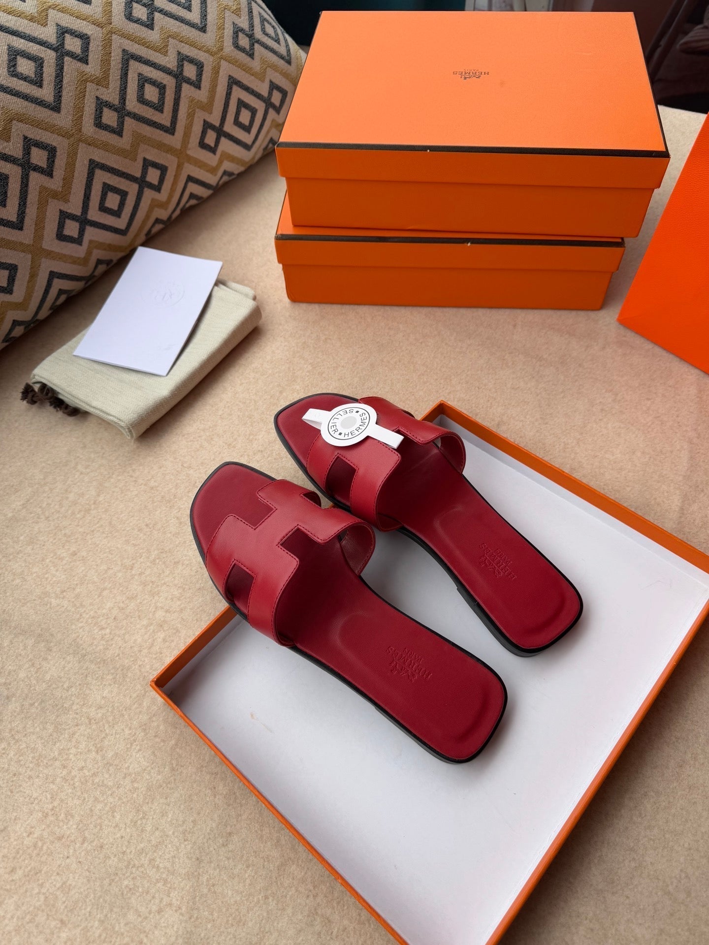 HERMES 0RAN SANDALS IN JAM RED CALFSKIN