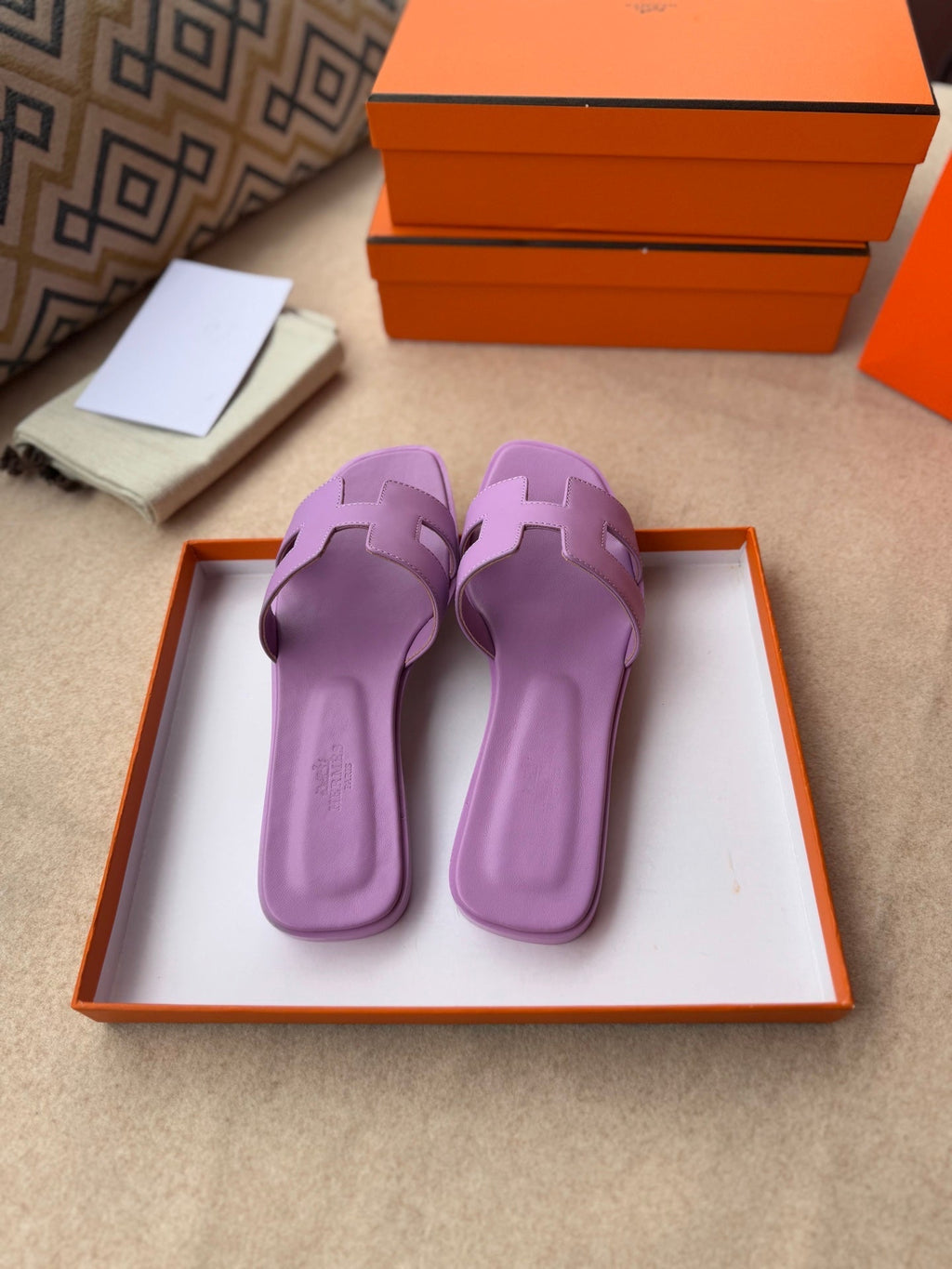 HERMES 0RAN SANDALS IN LILAC PURPLE CALFSKIN