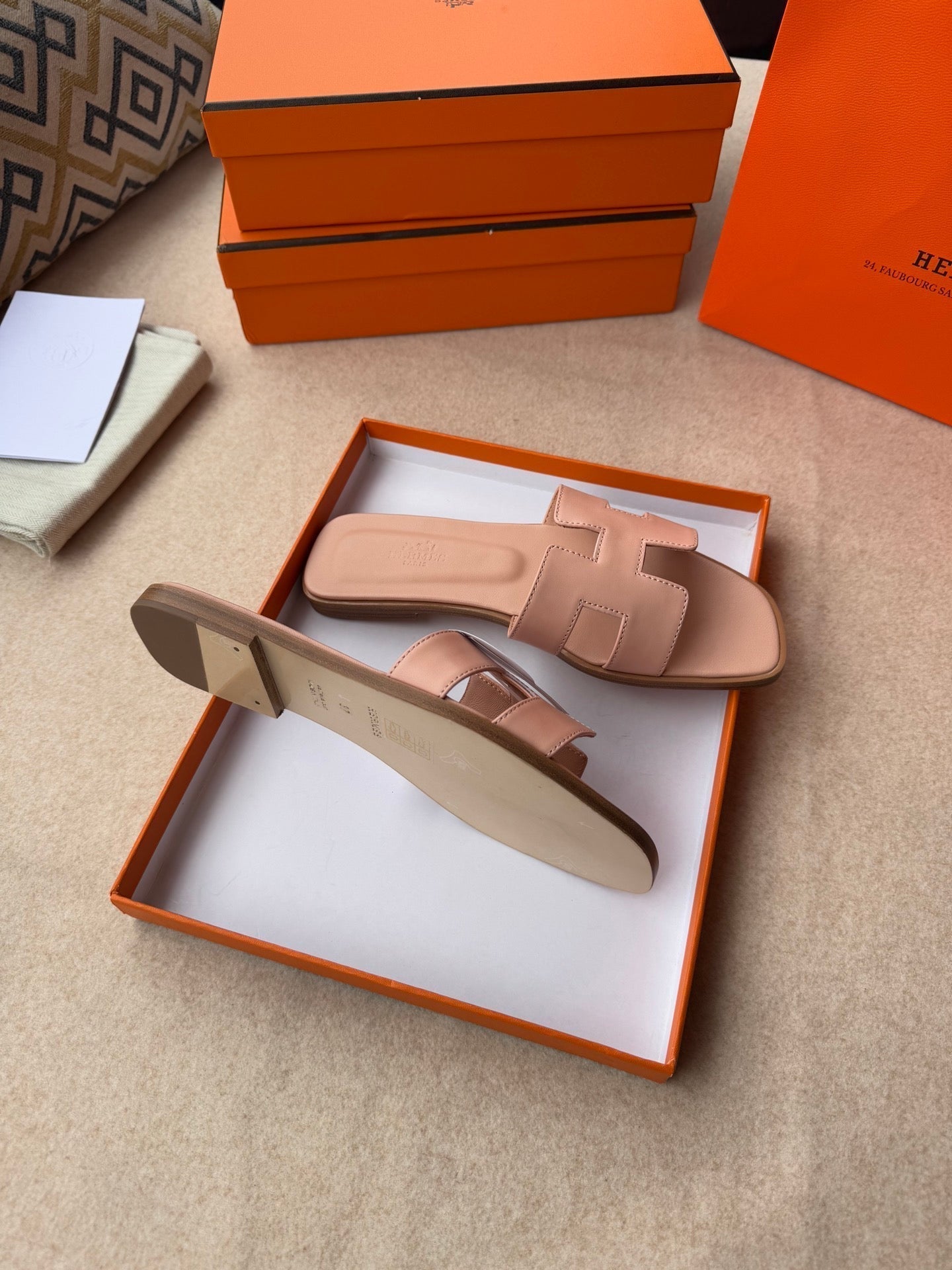 HERMES 0RAN SANDALS IN PEACH PINK CALFSKIN