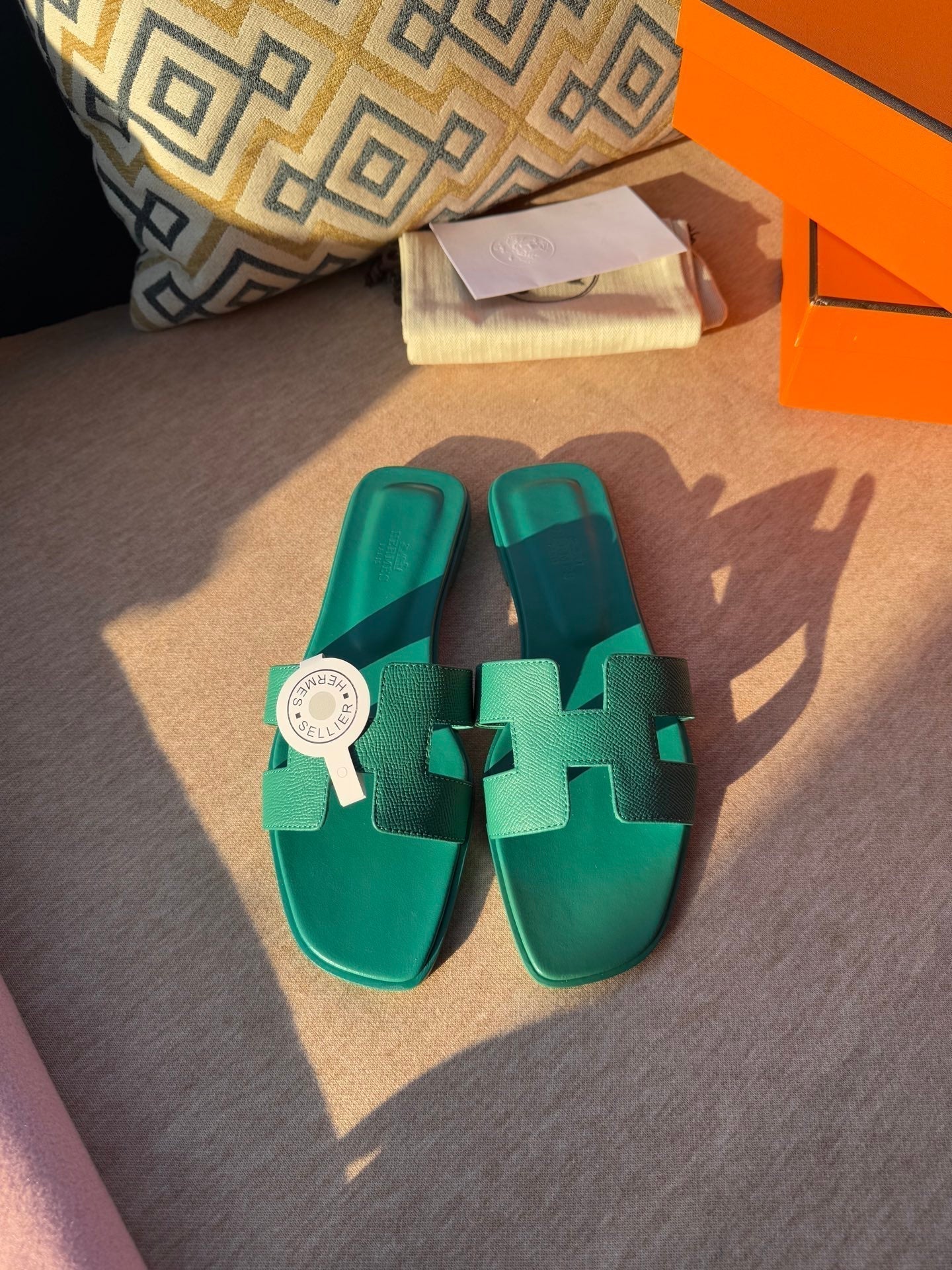 HERMES 0RAN SANDALS IN PERSIAN GREEN CALFSKIN