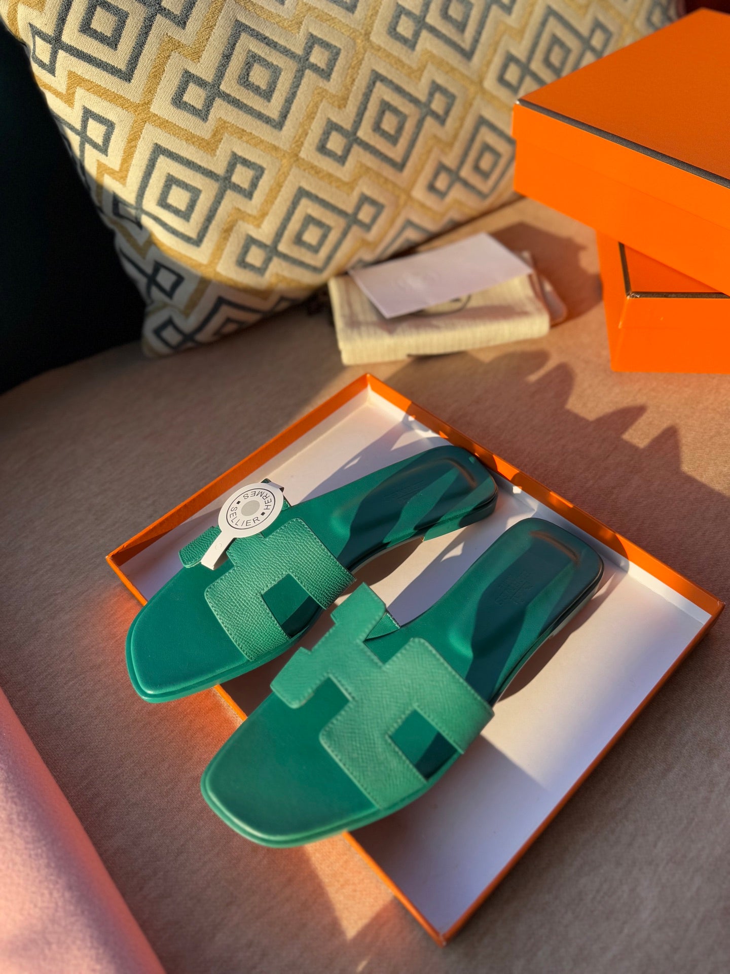 HERMES 0RAN SANDALS IN PERSIAN GREEN CALFSKIN