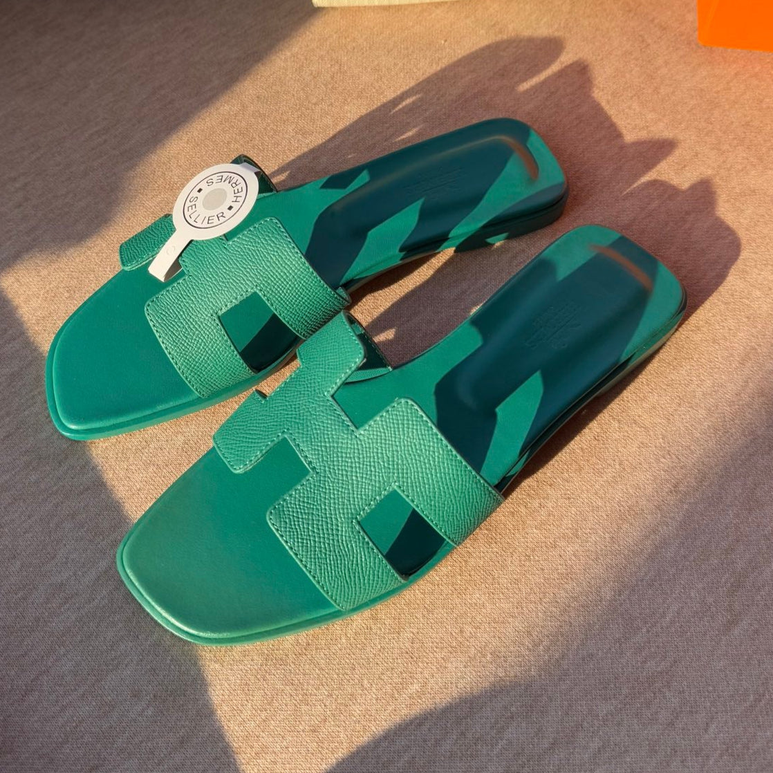 HERMES 0RAN SANDALS IN PERSIAN GREEN CALFSKIN