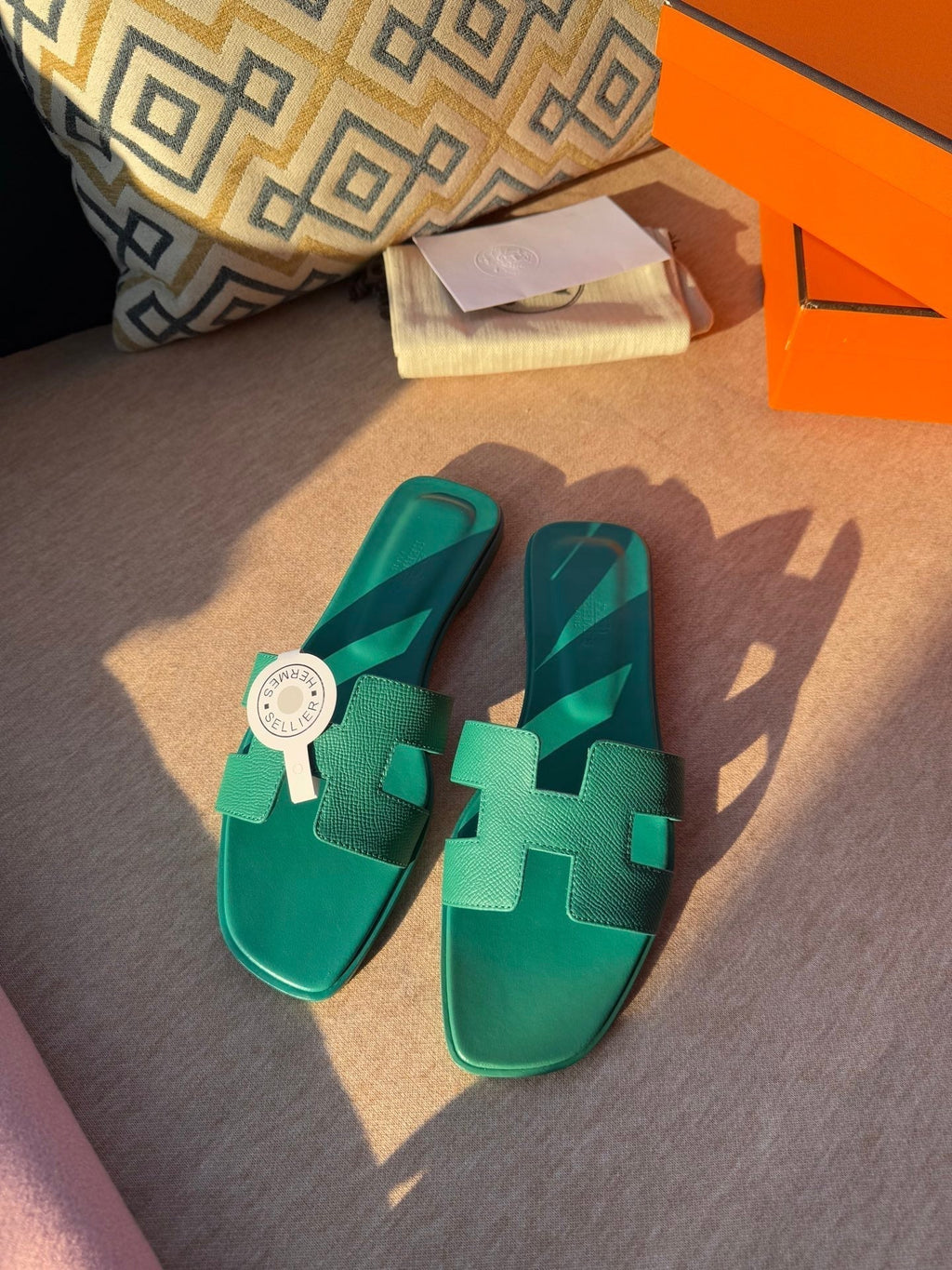 HERMES 0RAN SANDALS IN PERSIAN GREEN CALFSKIN