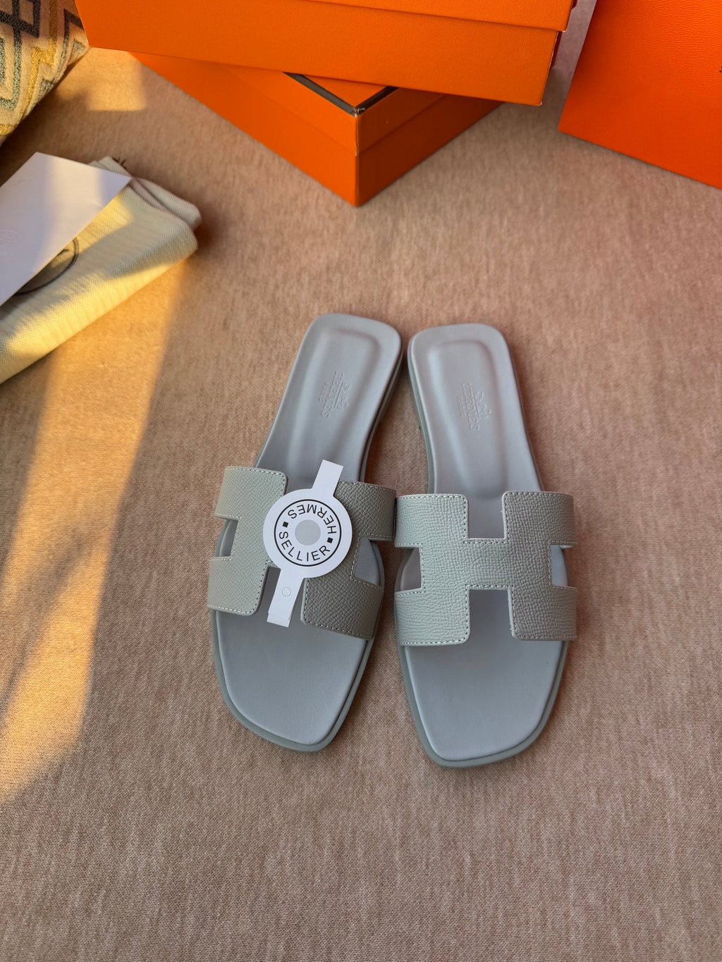 HERMES 0RAN SANDALS IN WARM GRAY CALFSKIN