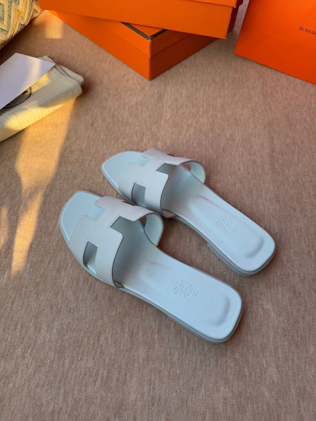 HERMES 0RAN SANDALS IN ICE BLUE CALFSKIN