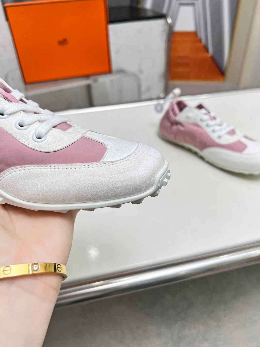 HERMES SKATEBOARD SHOES LIGHT PINK MIX WHITE SUEDE