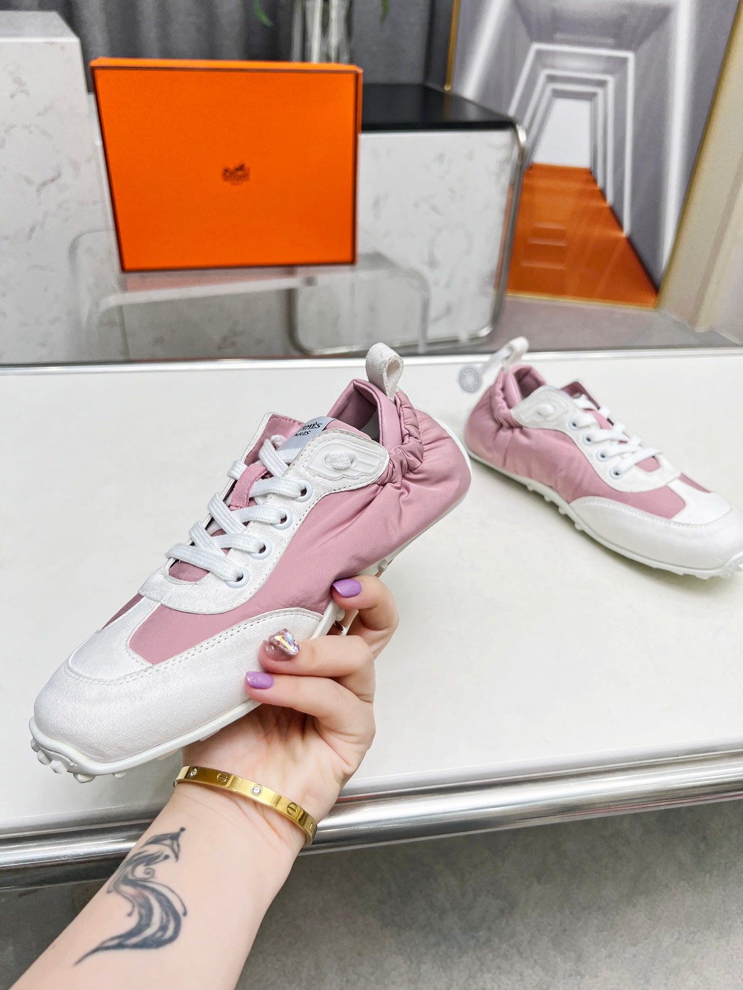 HERMES SKATEBOARD SHOES LIGHT PINK MIX WHITE SUEDE
