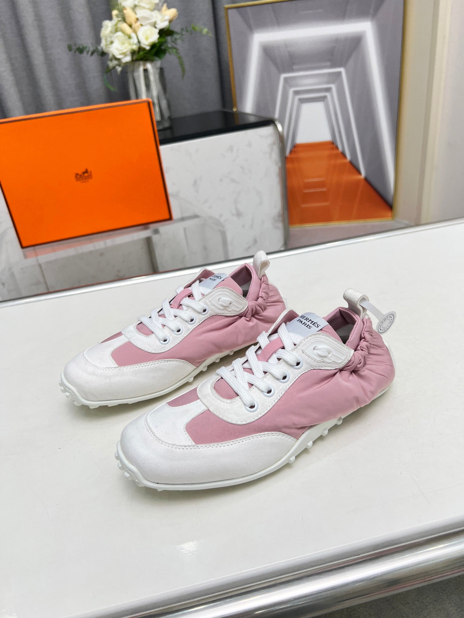 HERMES SKATEBOARD SHOES LIGHT PINK MIX WHITE SUEDE