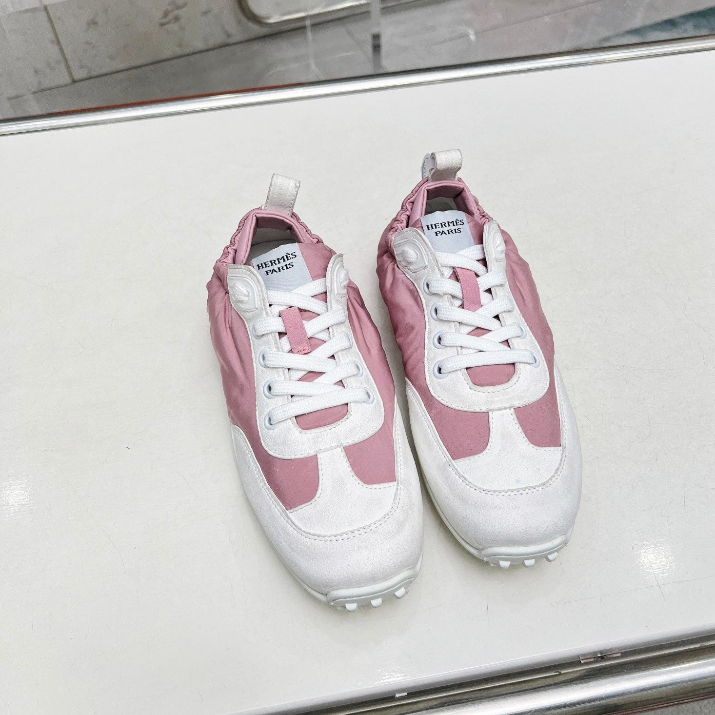 HERMES SKATEBOARD SHOES LIGHT PINK MIX WHITE SUEDE