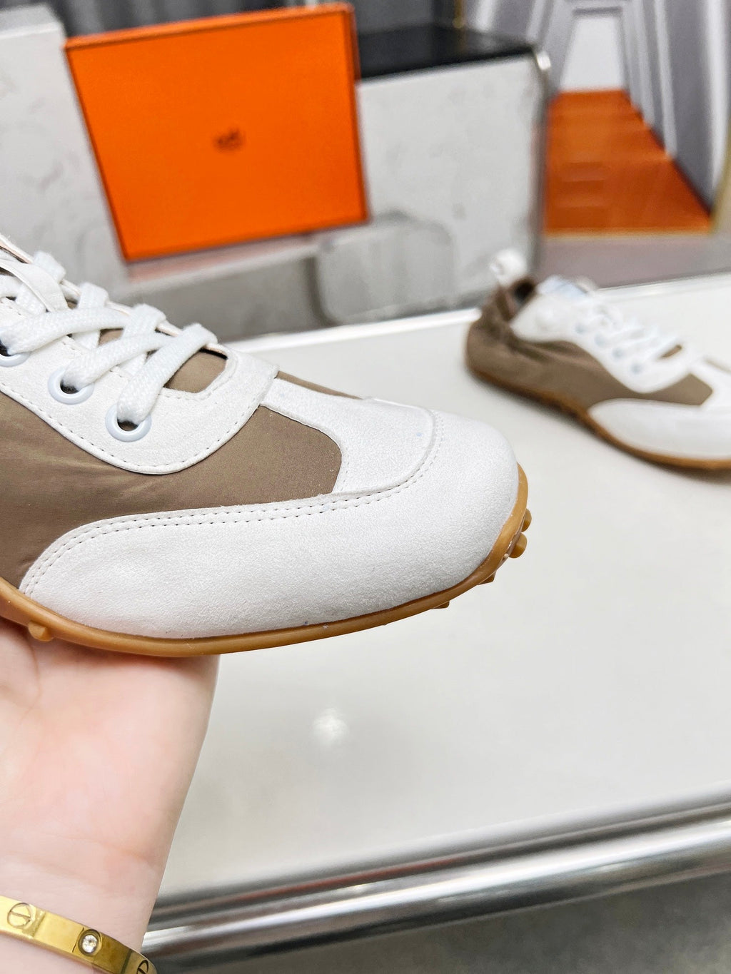 HERMES SKATEBOARD SHOES BROWN MIX WHITE SUEDE