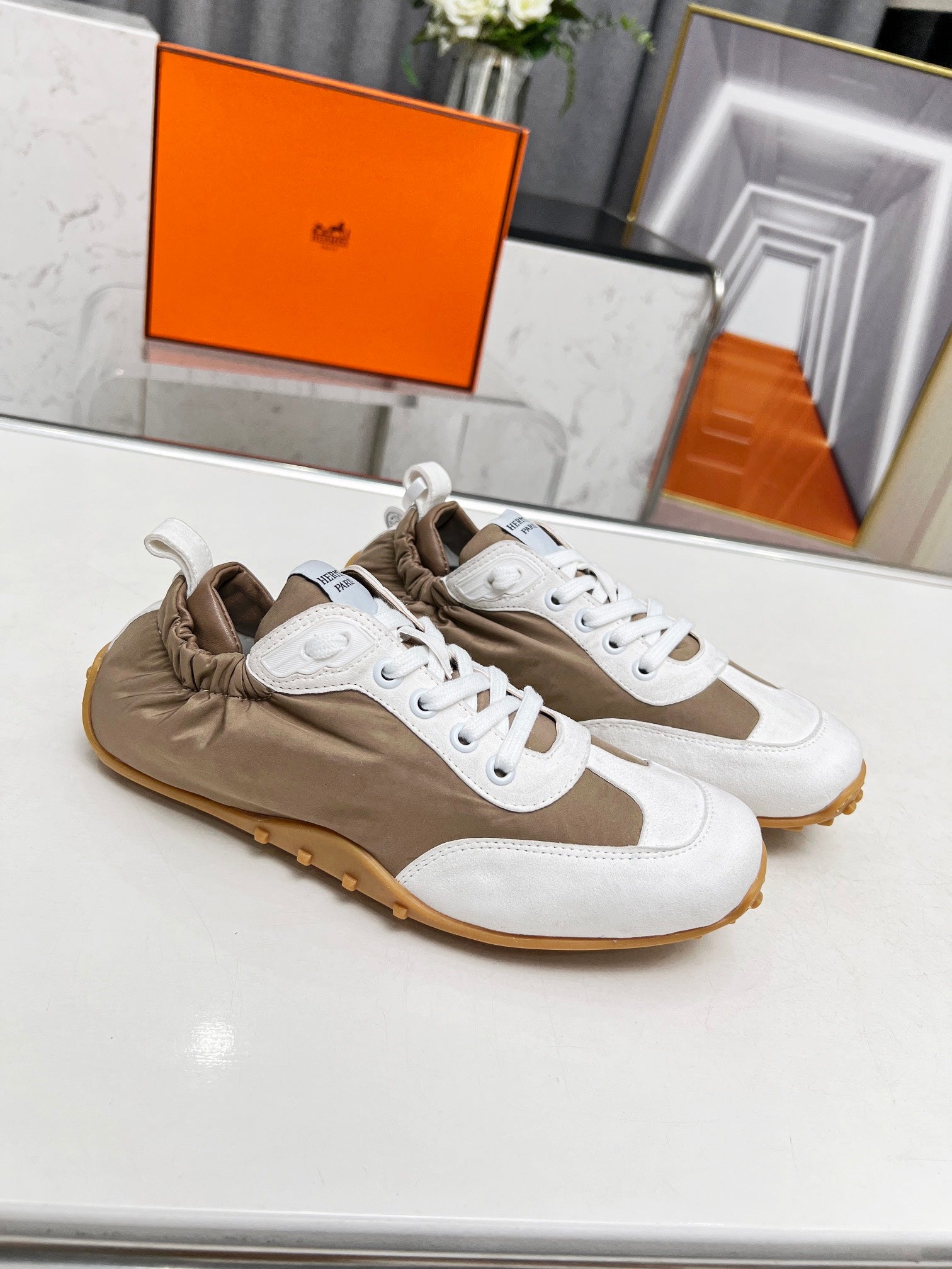 HERMES SKATEBOARD SHOES BROWN MIX WHITE SUEDE