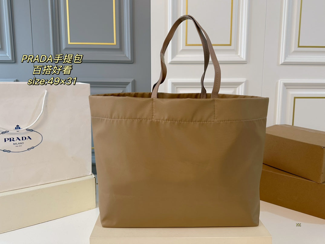PRADA 49 TOTE BAG IN CAMEL BROWN RE-NYLON