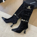 CHANEL KNEE HIGH BOOTS IN BLACK CALFSKIN AND SEQUINS