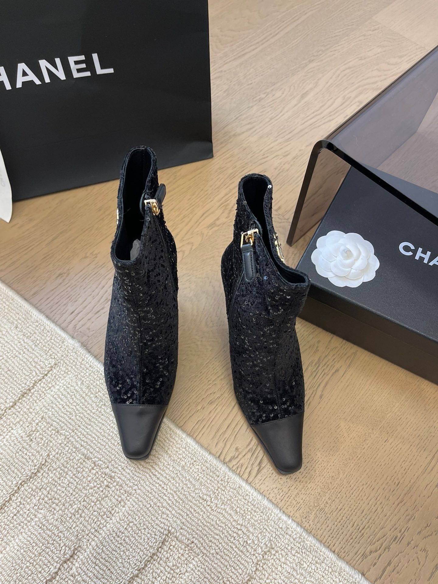CHANEL BONGADE BOOTS IN BLACK CALFSKIN AND SEQUINS