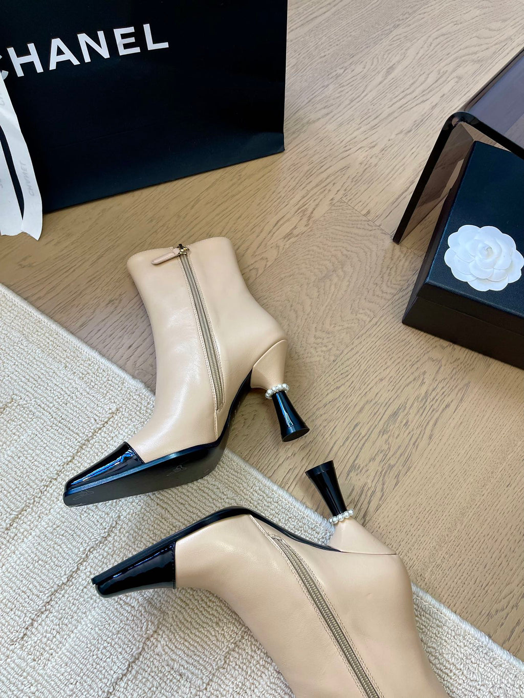 CHANEL BONGADE BOOTS IN BEIGE MIX BLACK CALFSKIN