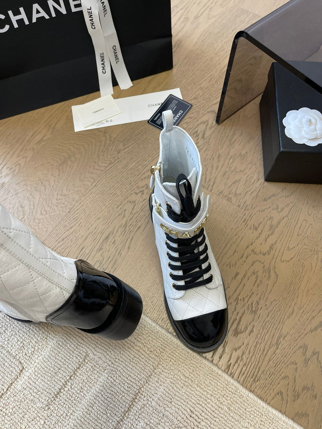 CHANEL ALPHABET MARTIN BOOTS IN WHITE LAMBSKIN