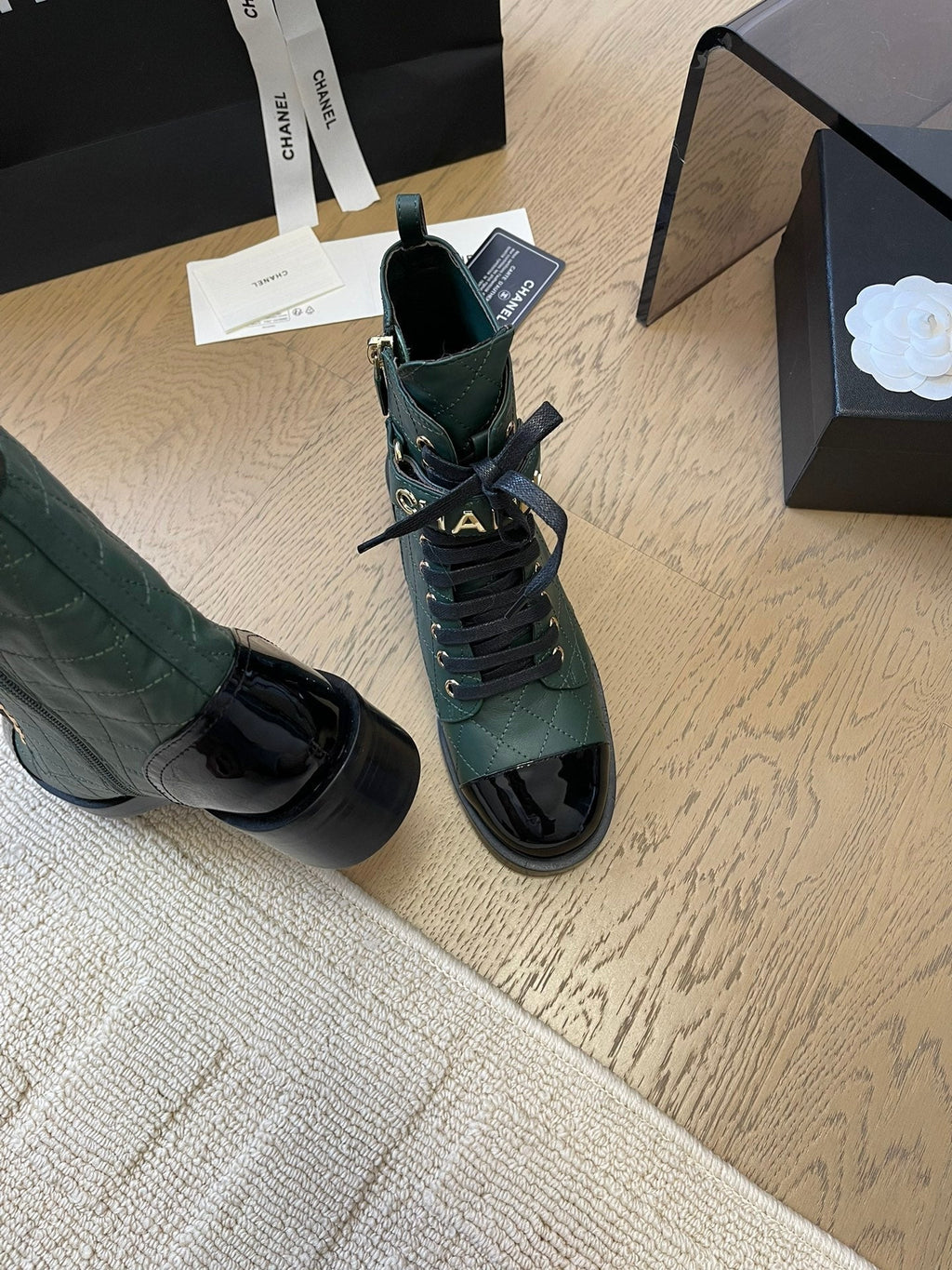 CHANEL ALPHABET MARTIN BOOTS IN FOREST GREEN LAMBSKIN