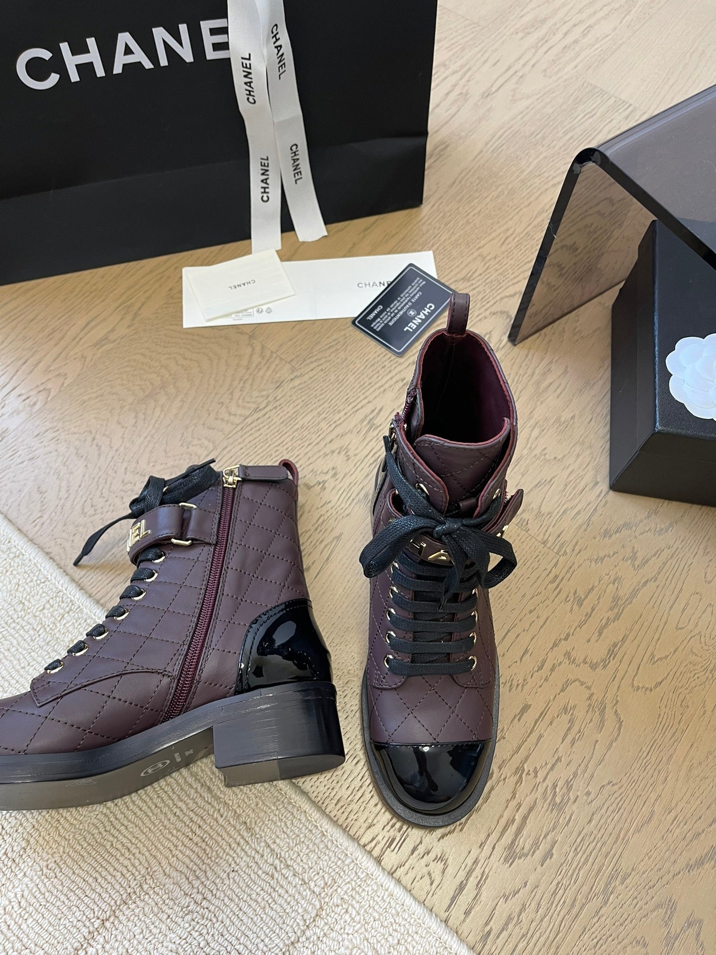 CHANEL ALPHABET MARTIN BOOTS IN BRUNETTE BROWN MIX BLACK LAMBSKIN