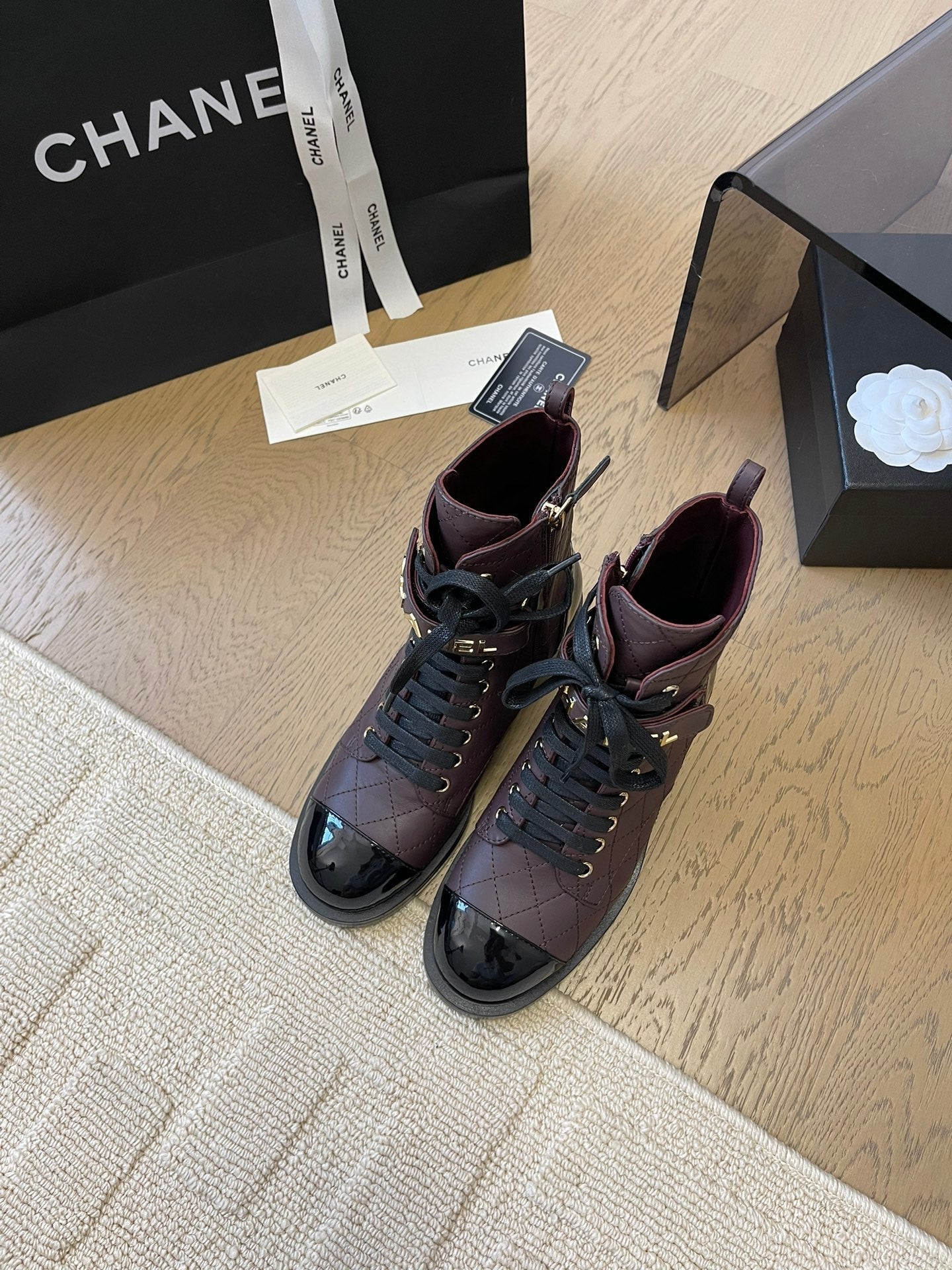 CHANEL ALPHABET MARTIN BOOTS IN BRUNETTE BROWN MIX BLACK LAMBSKIN