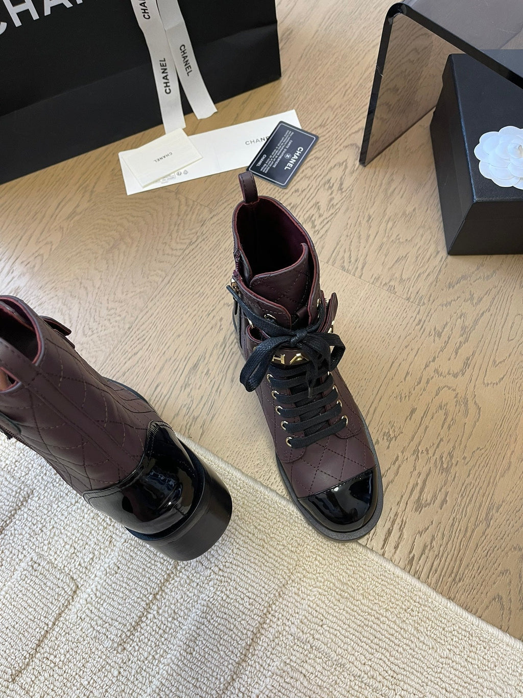 CHANEL ALPHABET MARTIN BOOTS IN BRUNETTE BROWN MIX BLACK LAMBSKIN