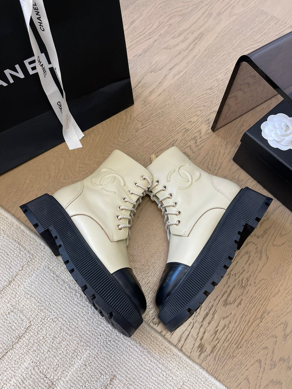 CHANEL ANKLE BOOTS IN PEARL GRAY MIX BLACK CALFSKIN