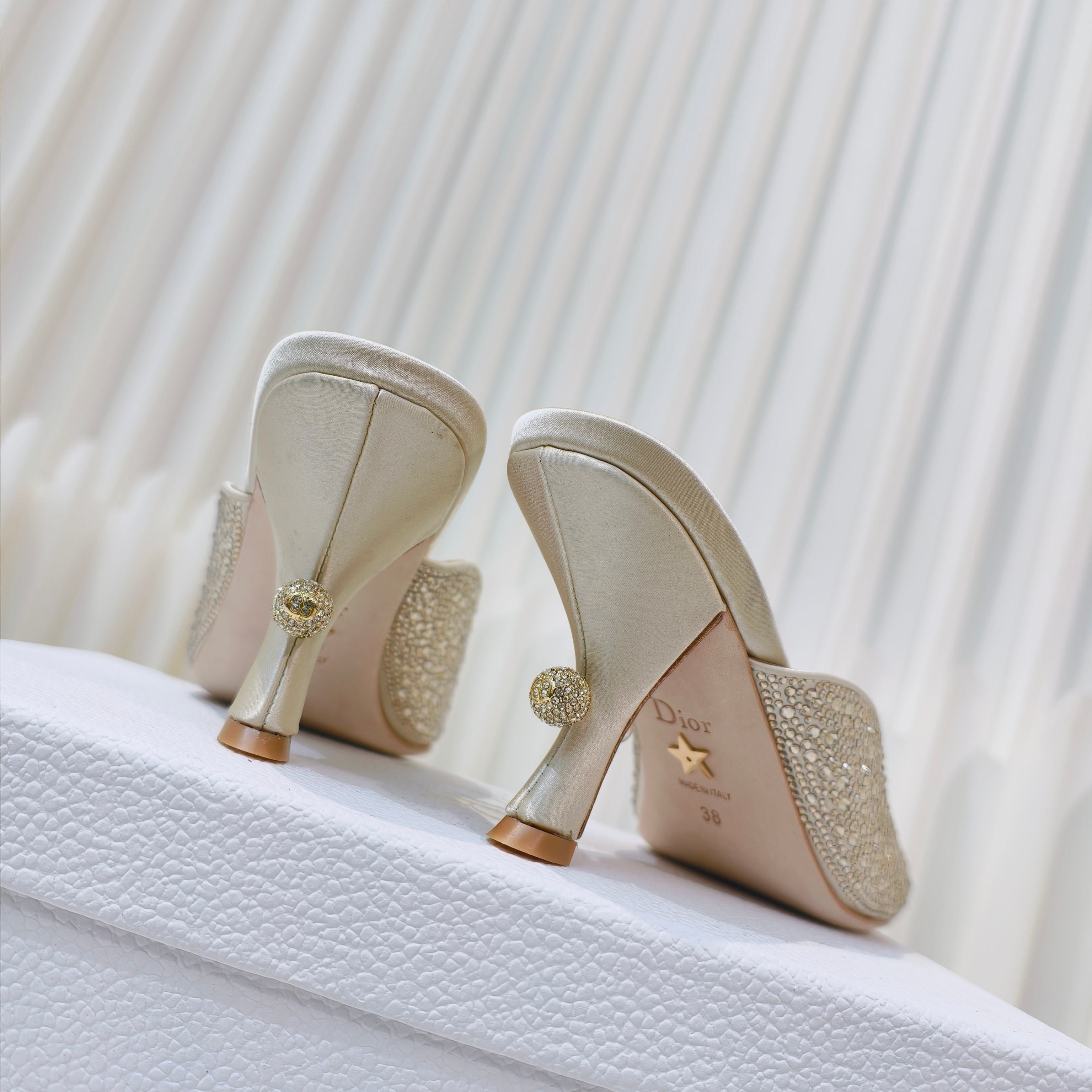 DIOR EMBELLISHED HIGH HEEL SLIDES 25S IN LIGHT BEIGE SATIN AND CALFSKIN