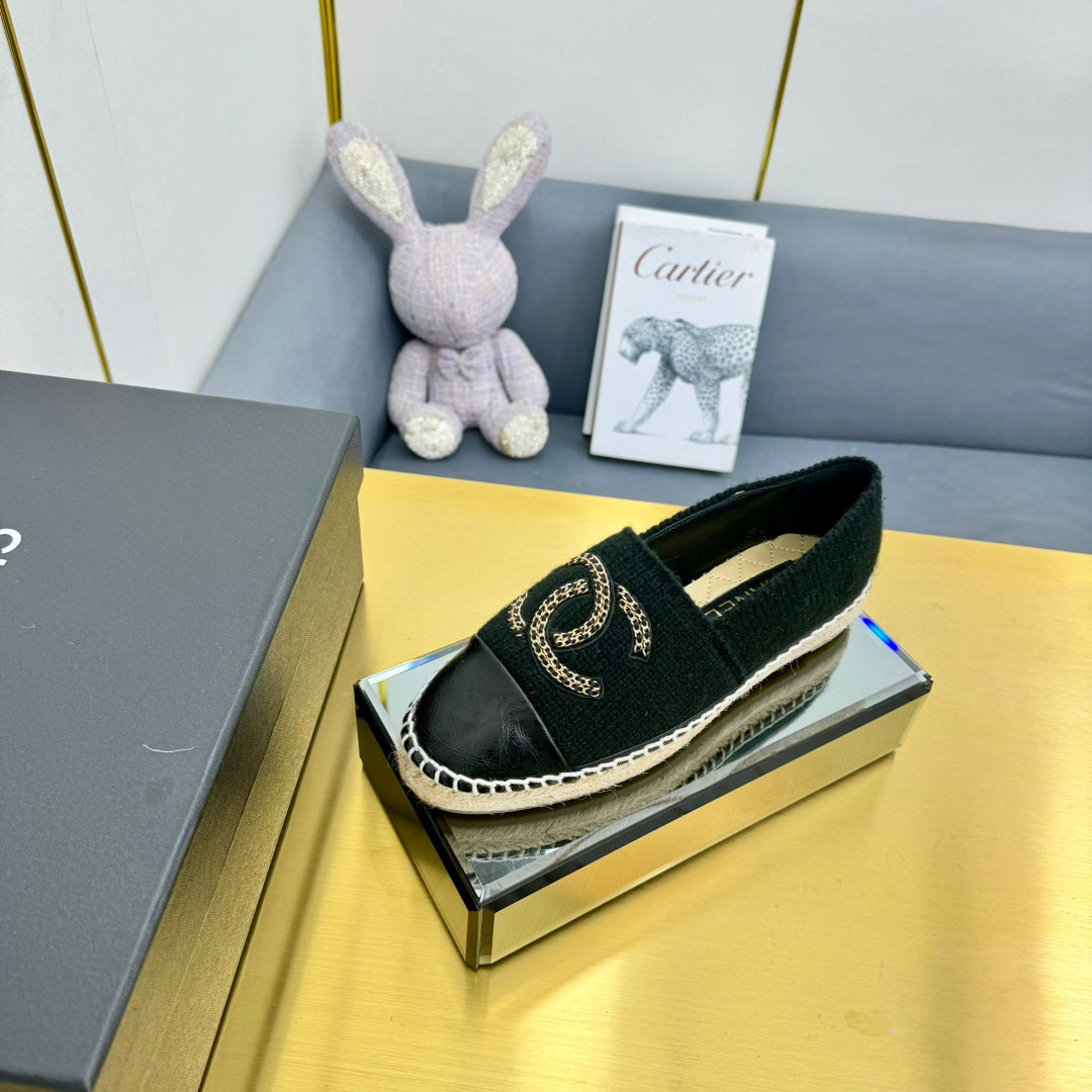 CHANEL ESPADRILLES PLATFORM 25S IN BLACK KNITTED WOOL AND LAMBSKIN