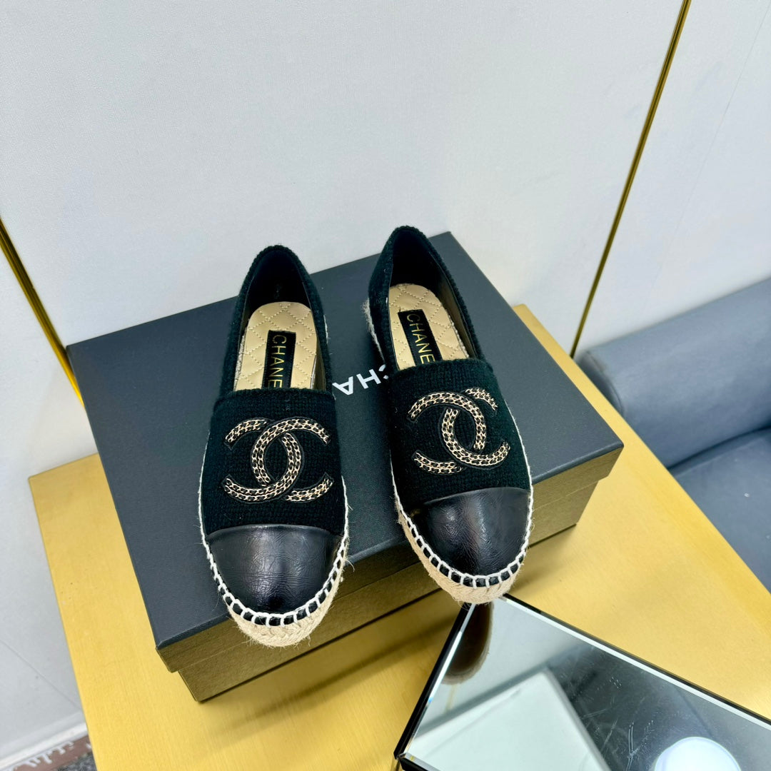 CHANEL ESPADRILLES PLATFORM 25S IN BLACK KNITTED WOOL AND LAMBSKIN