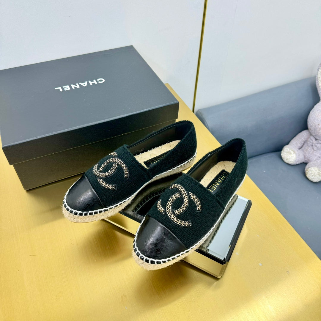 CHANEL ESPADRILLES PLATFORM 25S IN BLACK KNITTED WOOL AND LAMBSKIN