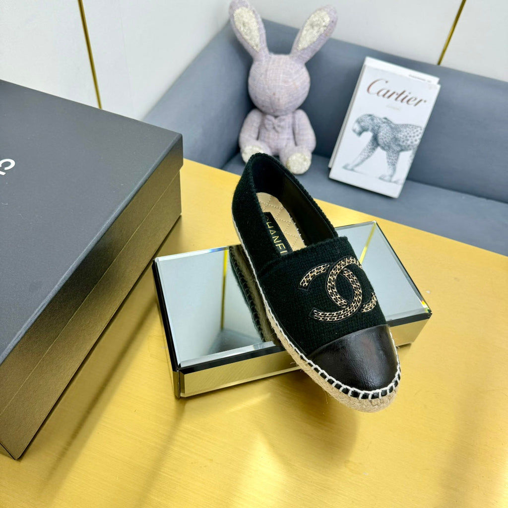 CHANEL ESPADRILLES PLATFORM 25S IN BLACK KNITTED WOOL AND LAMBSKIN