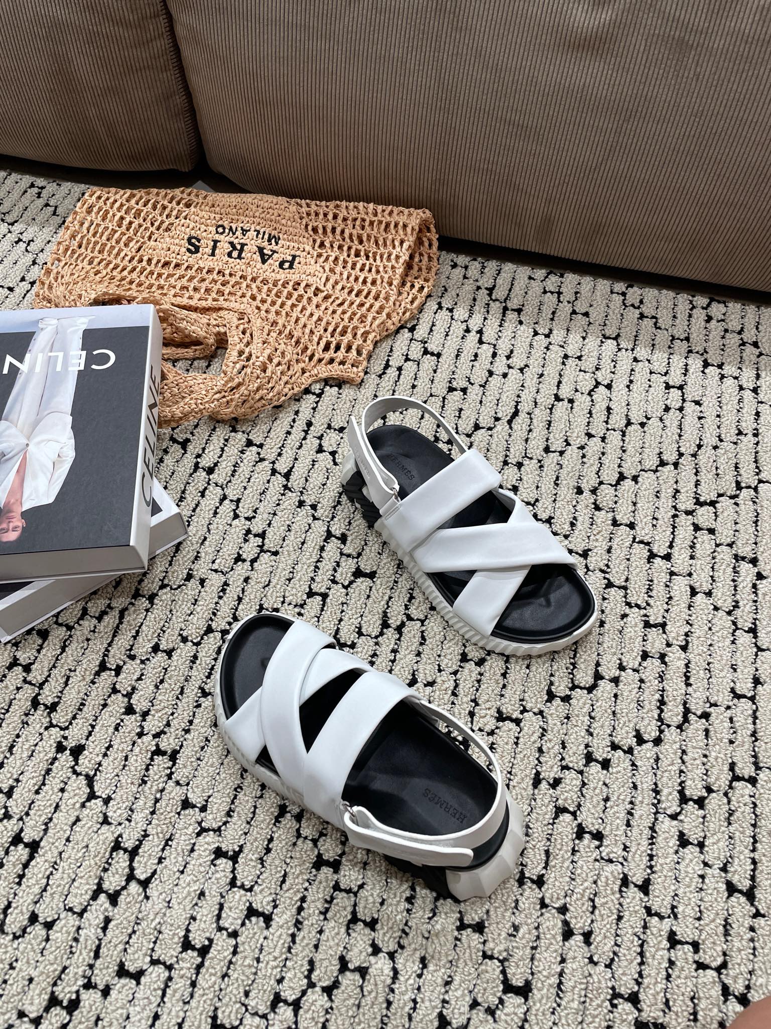 HERMES ELECTRIC SANDAL BLACK MIX WHITE CALFSKIN