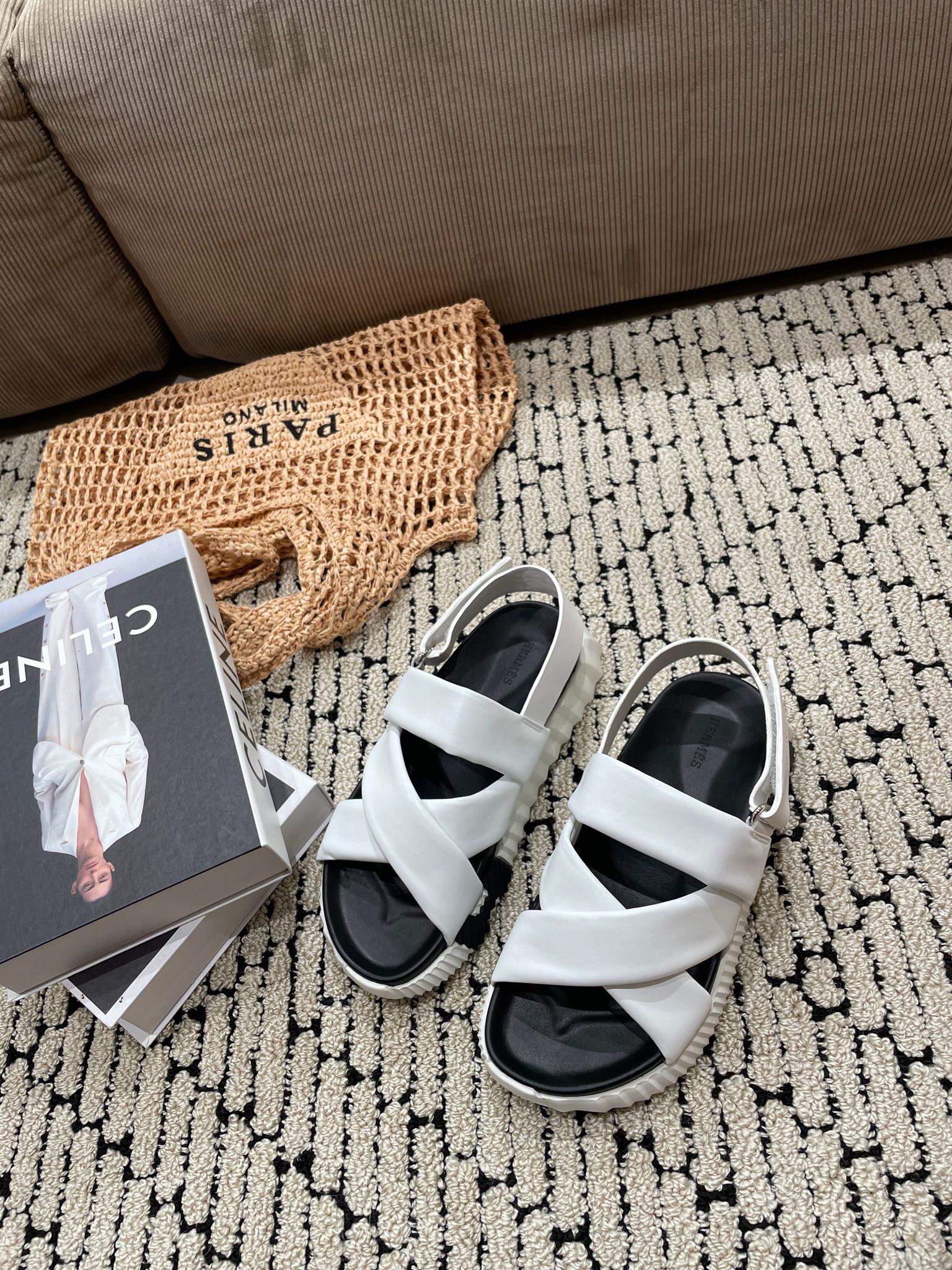 HERMES ELECTRIC SANDAL BLACK MIX WHITE CALFSKIN