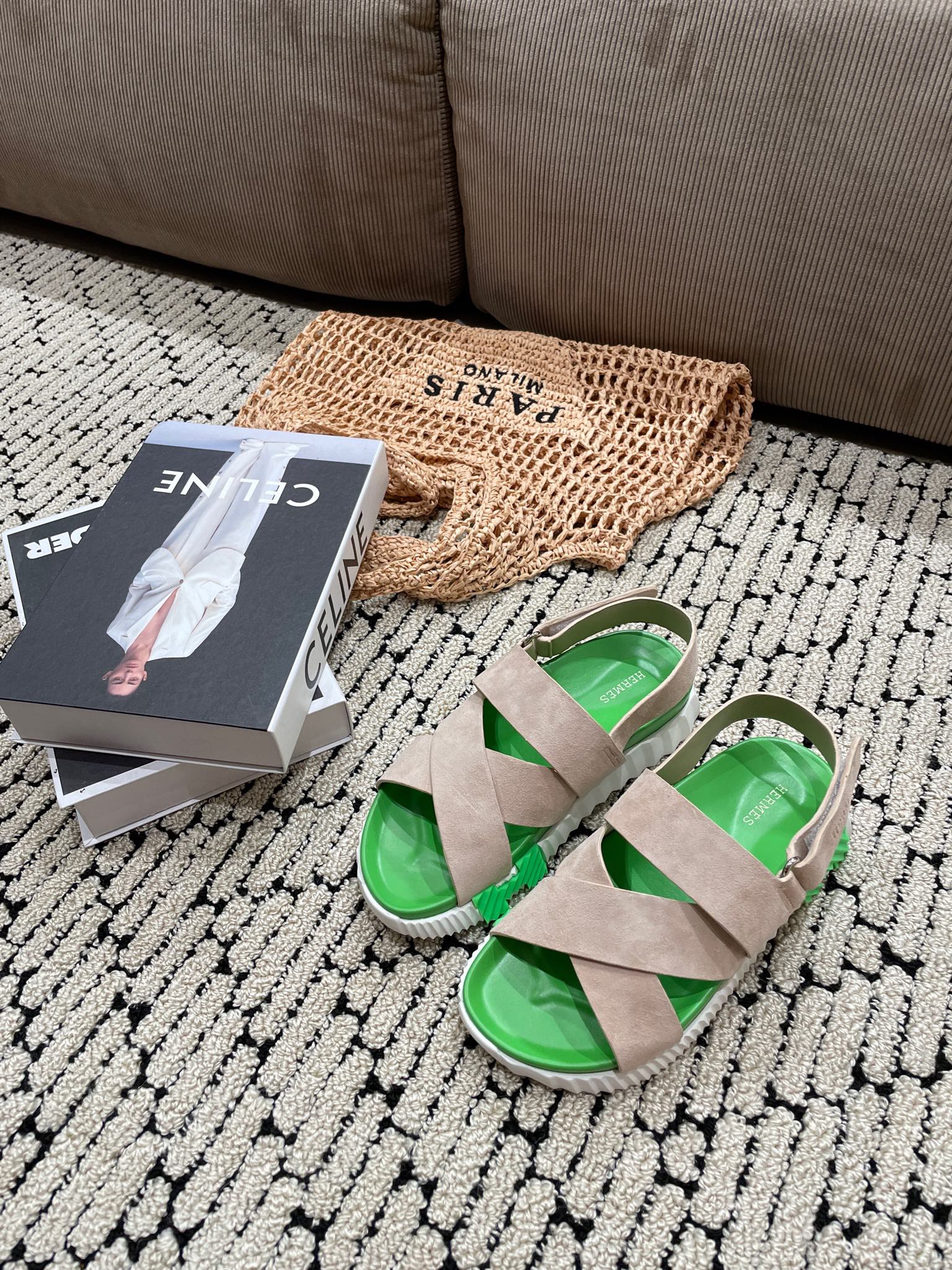 HERMES ELECTRIC SANDAL GREEN MIX LIGHT GRAY SUEDE