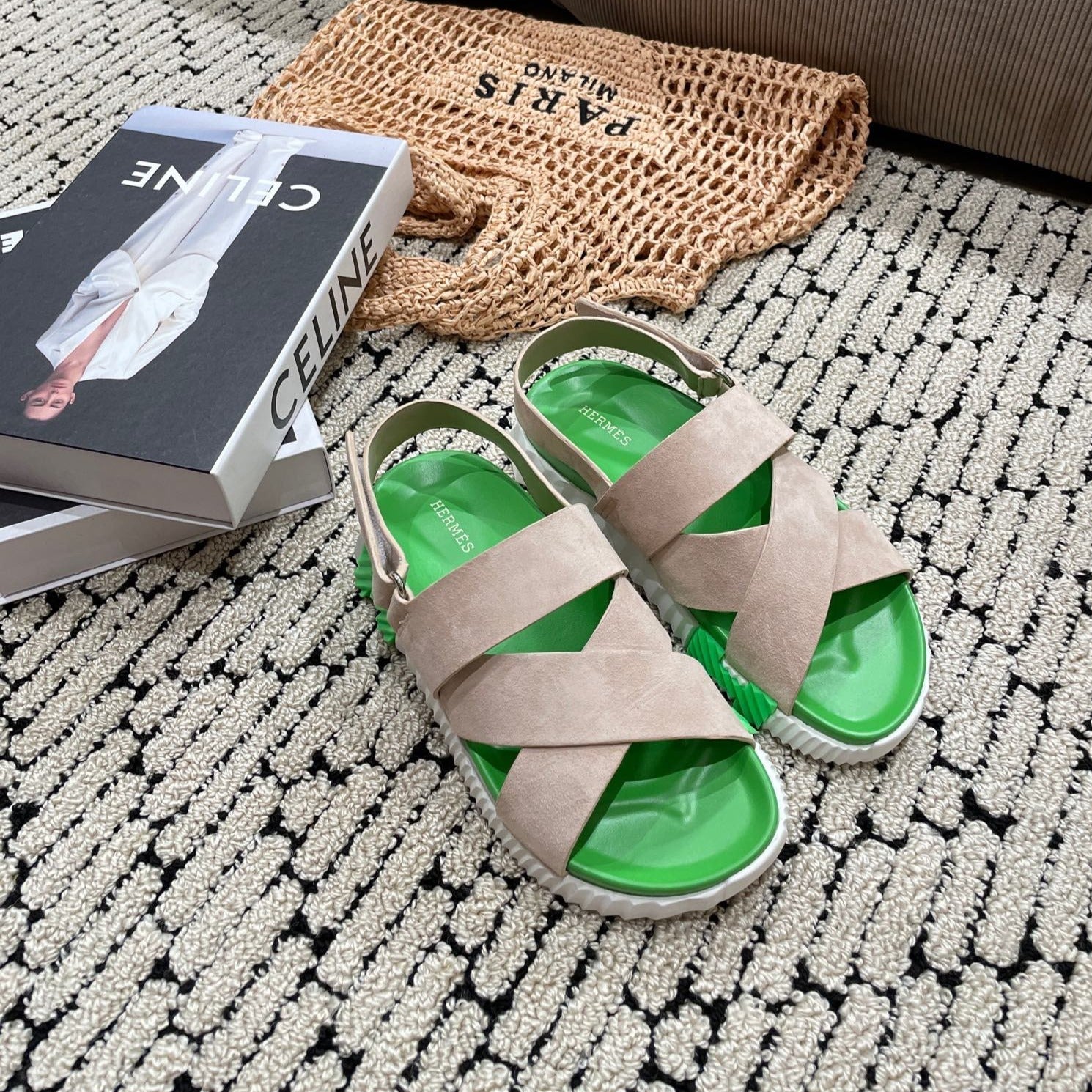 HERMES ELECTRIC SANDAL GREEN MIX LIGHT GRAY SUEDE
