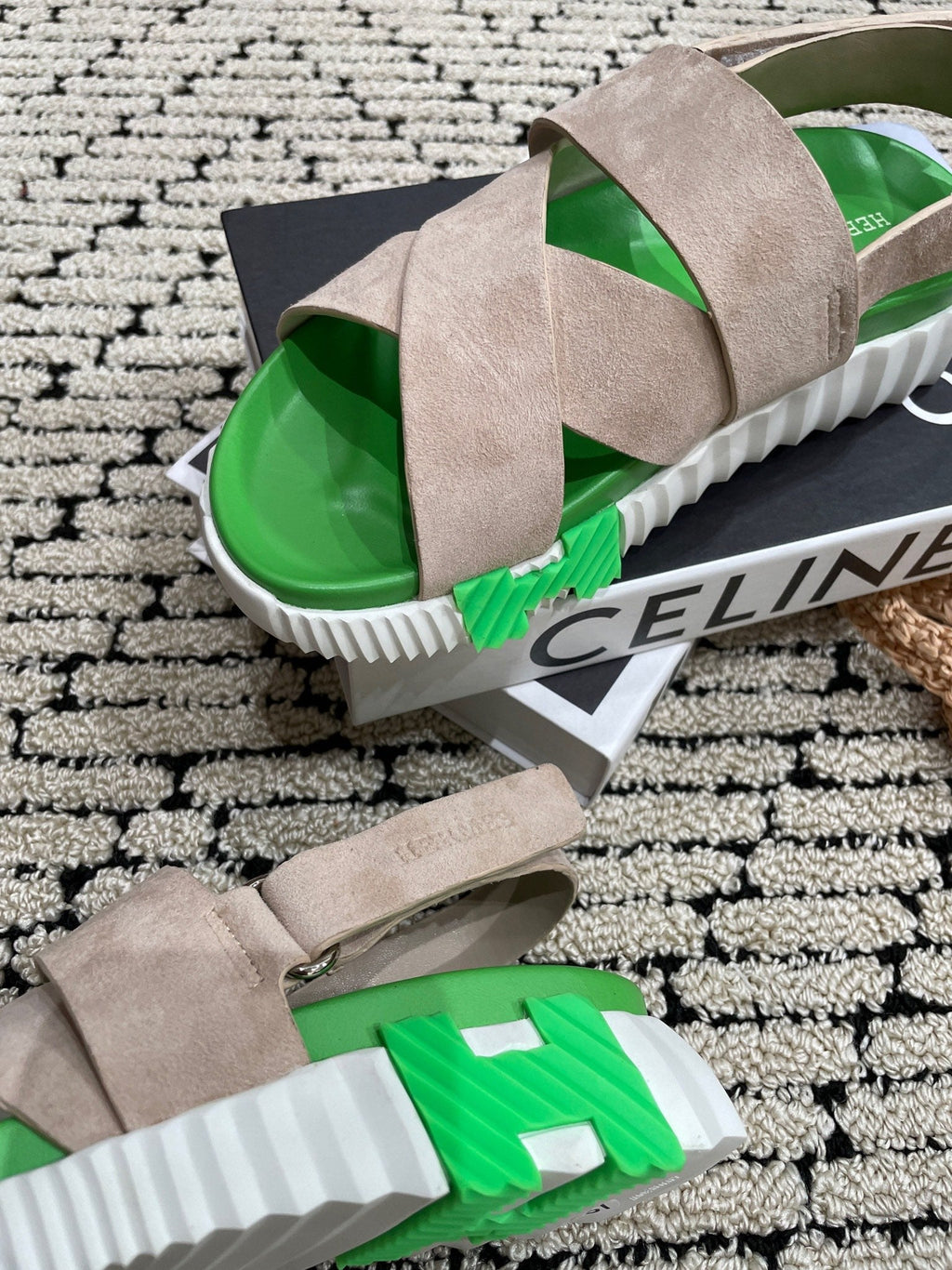 HERMES ELECTRIC SANDAL GREEN MIX LIGHT GRAY SUEDE
