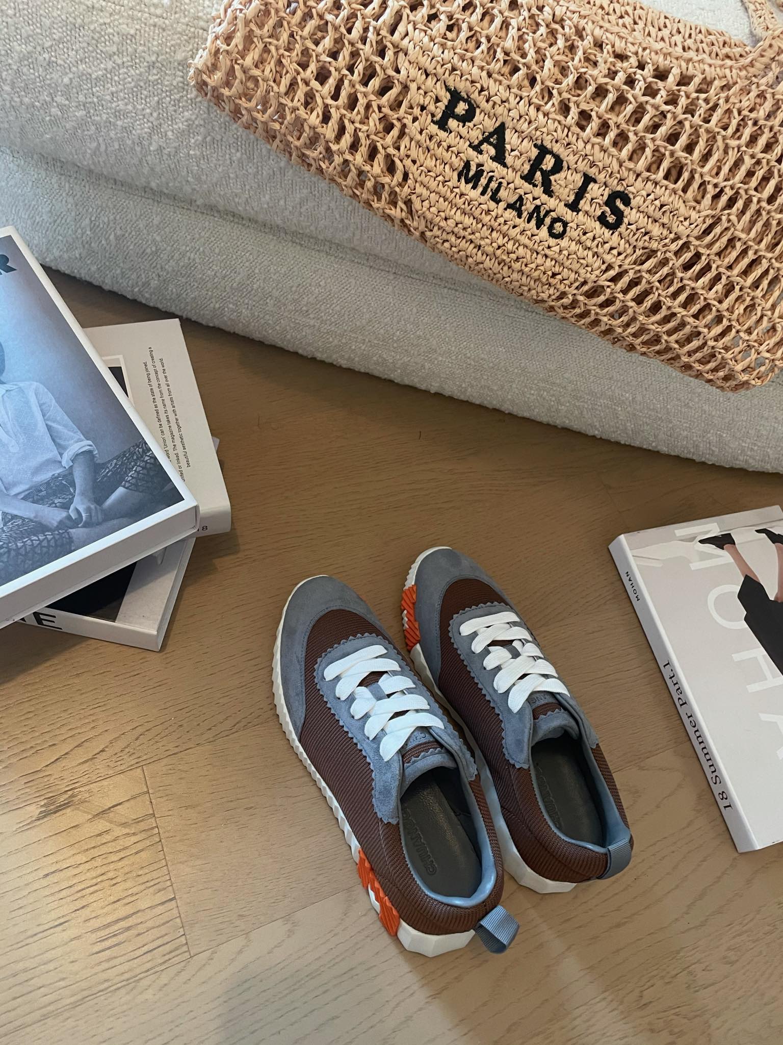 HERMES BOUNCING SNEAKERS GRAY MIX BROWN CALFSKIN