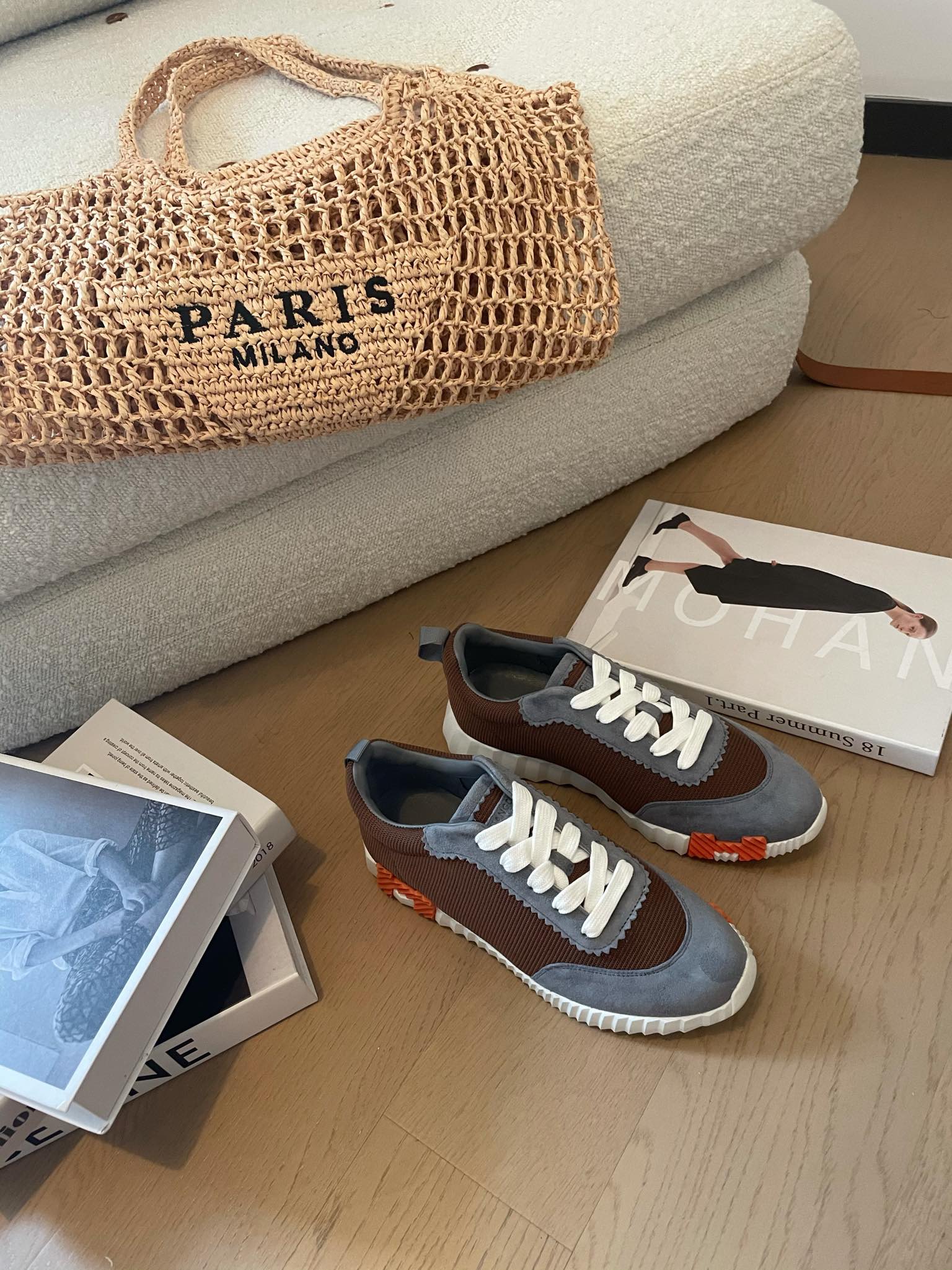 HERMES BOUNCING SNEAKERS GRAY MIX BROWN CALFSKIN