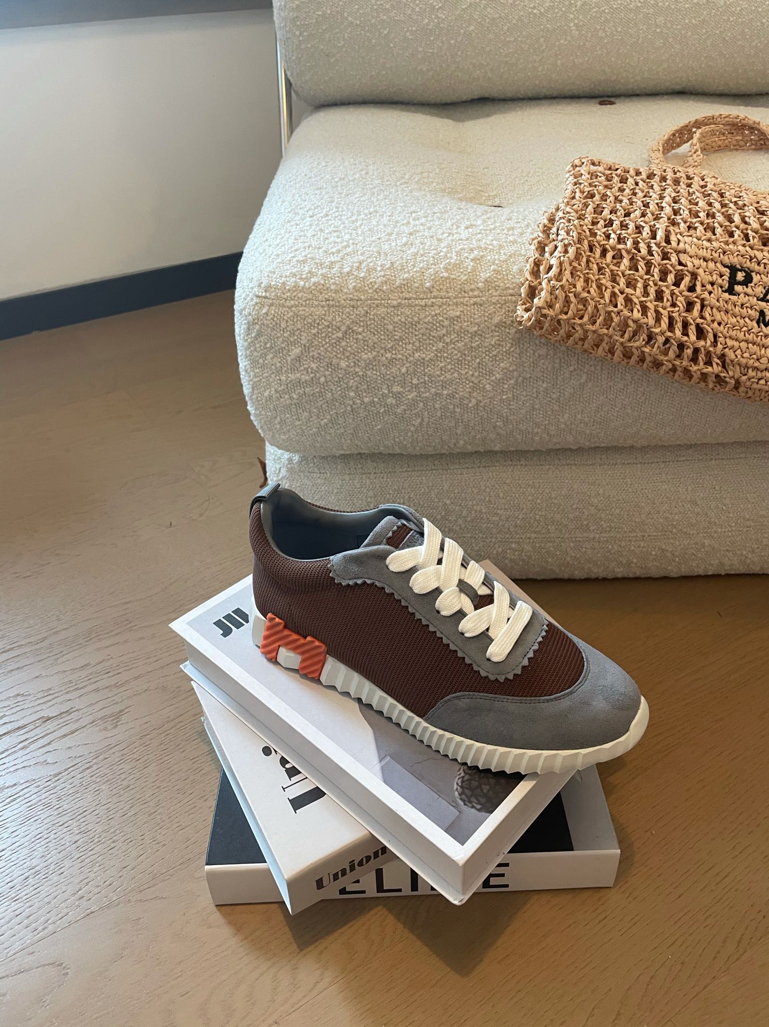HERMES BOUNCING SNEAKERS GRAY MIX BROWN CALFSKIN